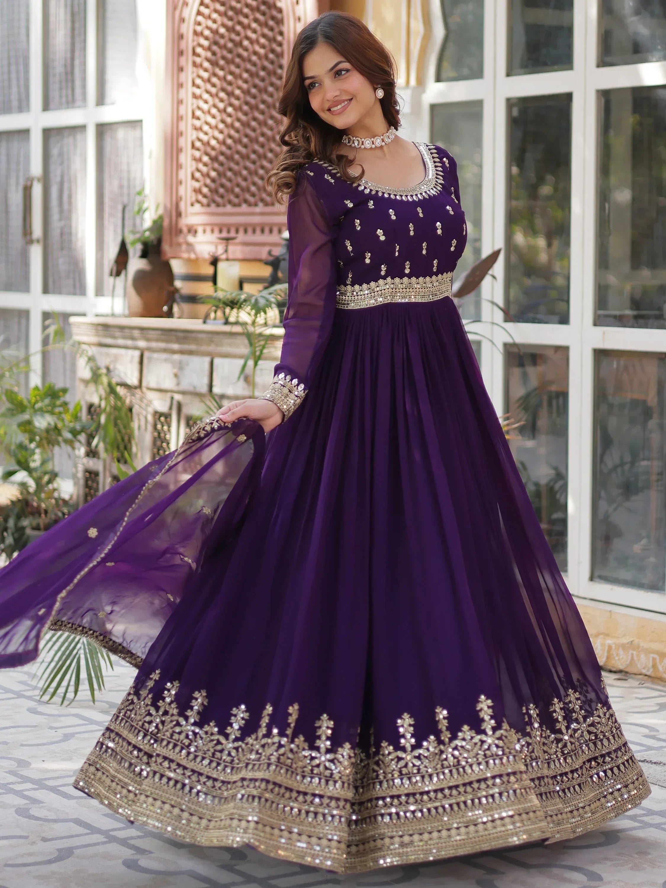 Purple Wonderful Zari Embroidered Georgette Wedding Wear Gown