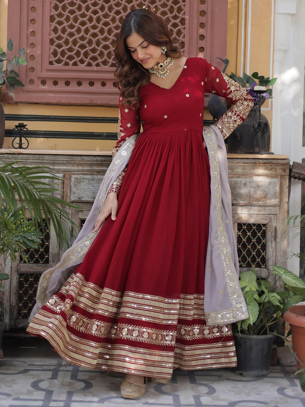 Bewitching Red Zari Embroidered Georgette Festival Wear Gown