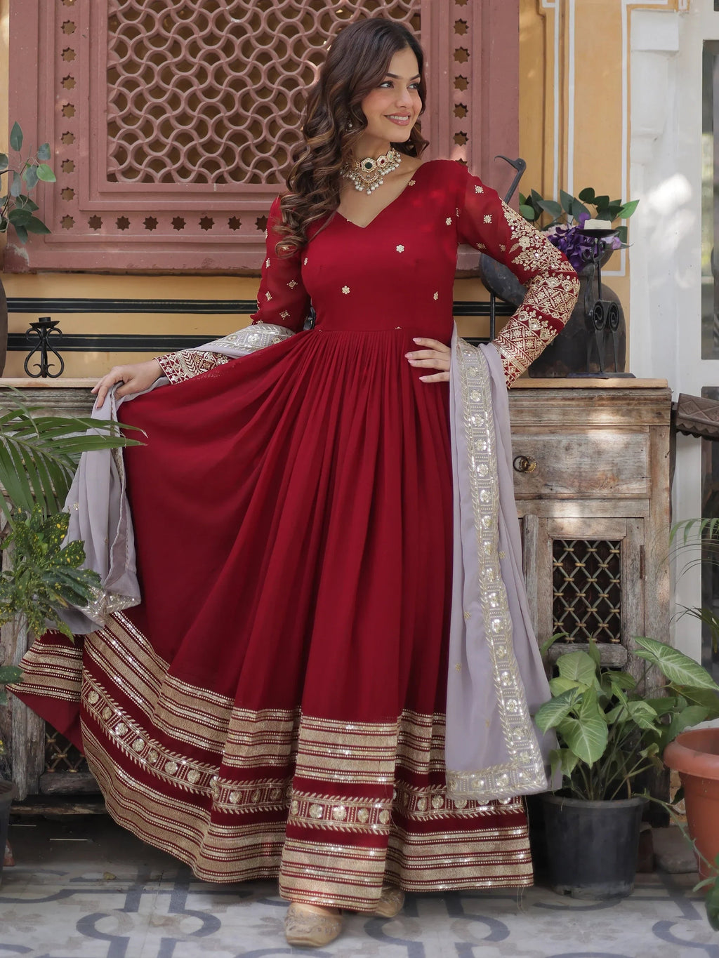 Bewitching Red Zari Embroidered Georgette Festival Wear Gown