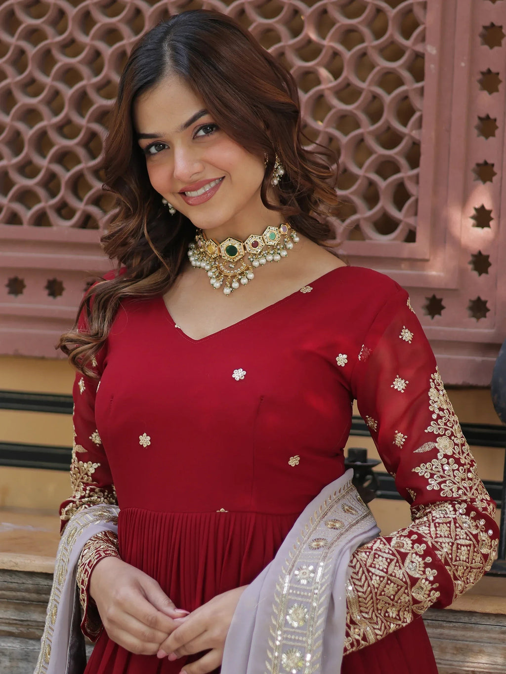 Bewitching Red Zari Embroidered Georgette Festival Wear Gown