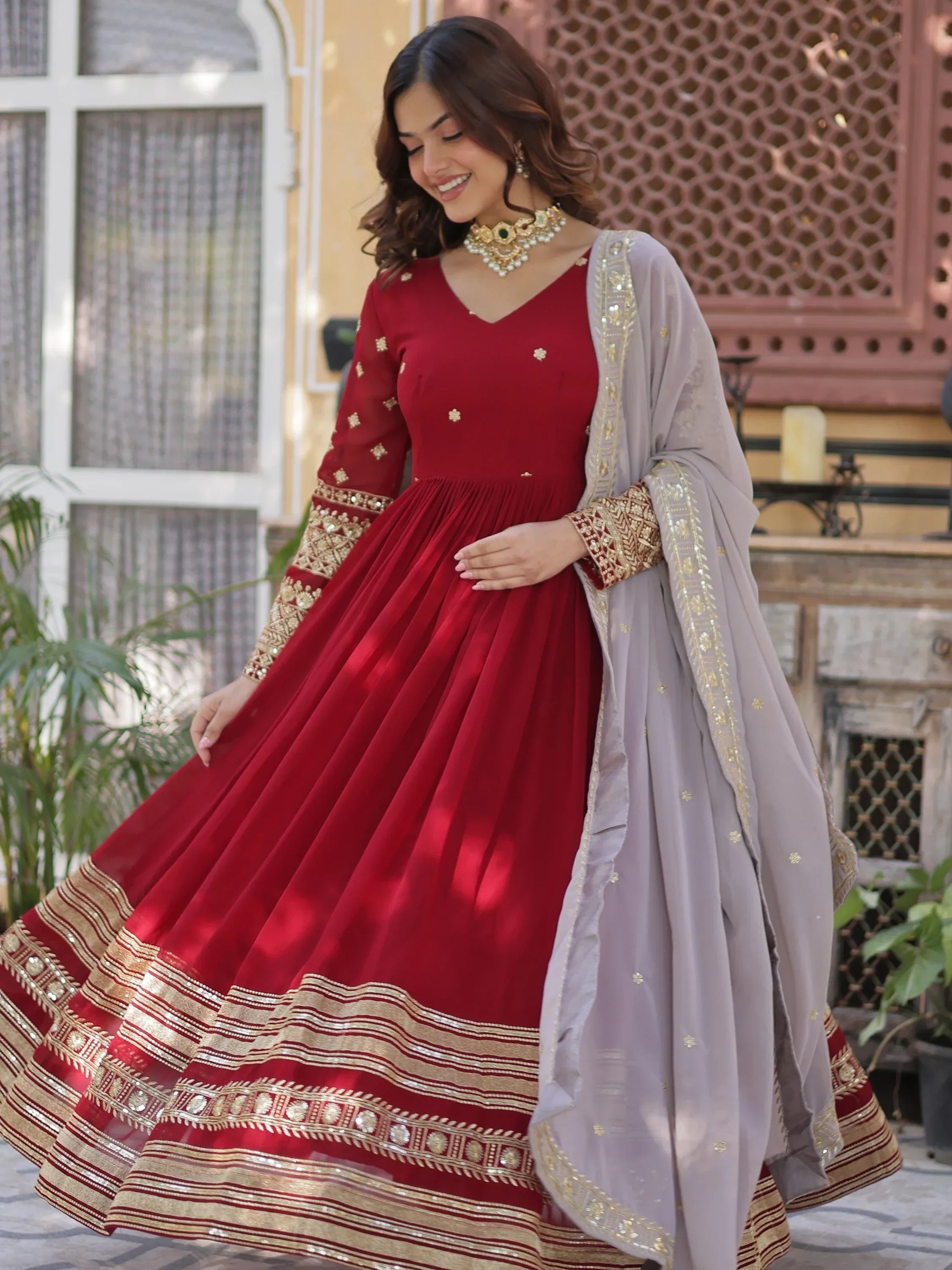 Bewitching Red Zari Embroidered Georgette Festival Wear Gown
