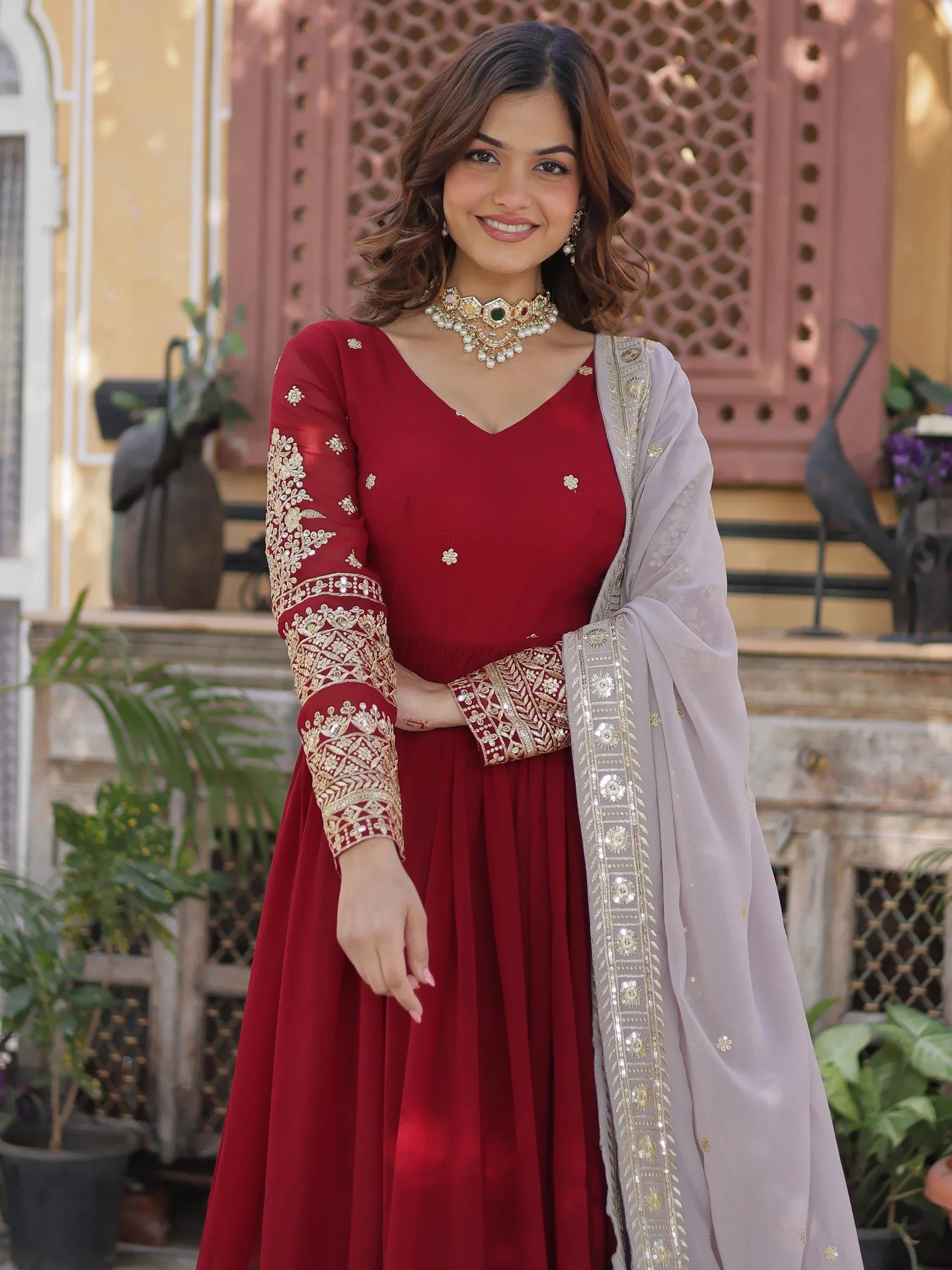Bewitching Red Zari Embroidered Georgette Festival Wear Gown