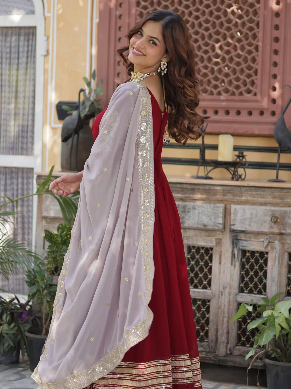 Bewitching Red Zari Embroidered Georgette Festival Wear Gown