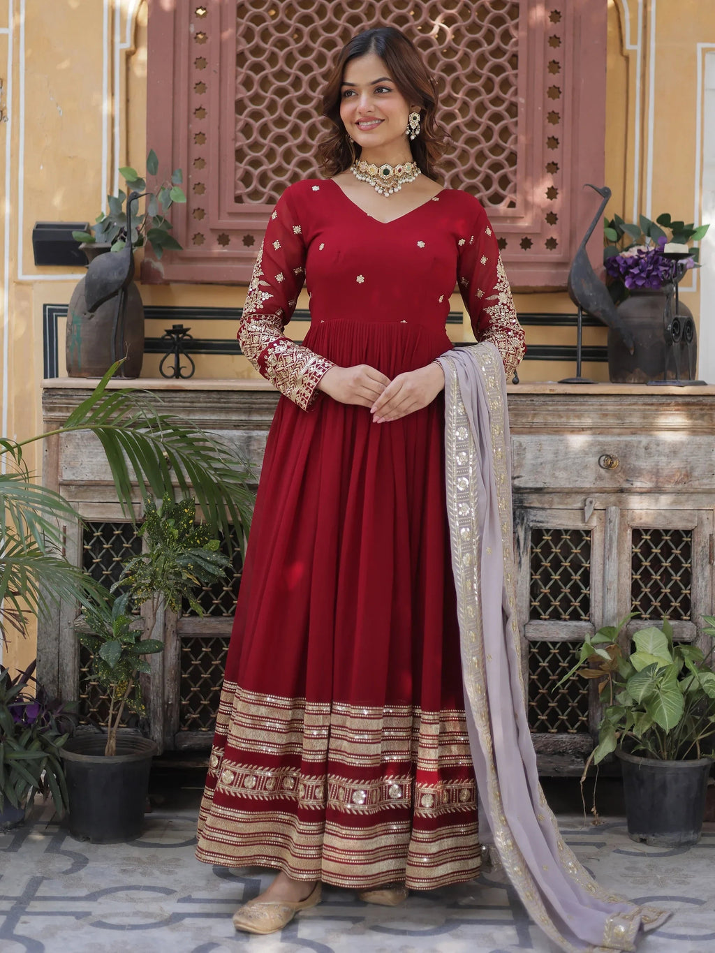 Bewitching Red Zari Embroidered Georgette Festival Wear Gown