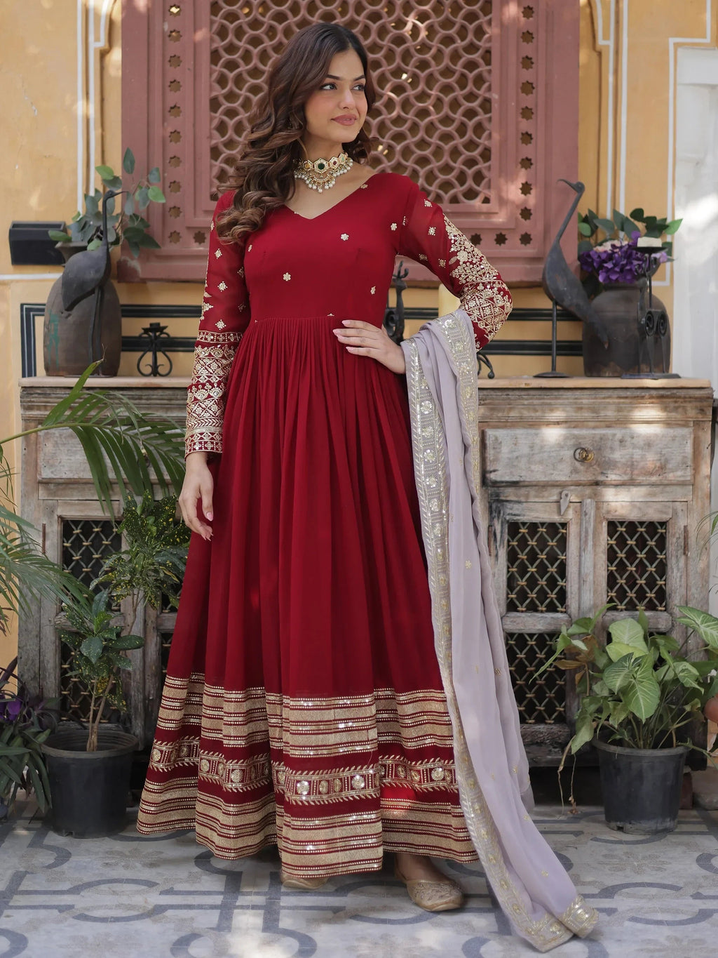 Bewitching Red Zari Embroidered Georgette Festival Wear Gown