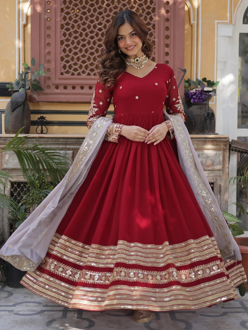 Bewitching Red Zari Embroidered Georgette Festival Wear Gown