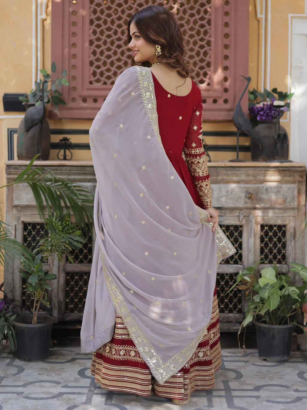 Bewitching Red Zari Embroidered Georgette Festival Wear Gown