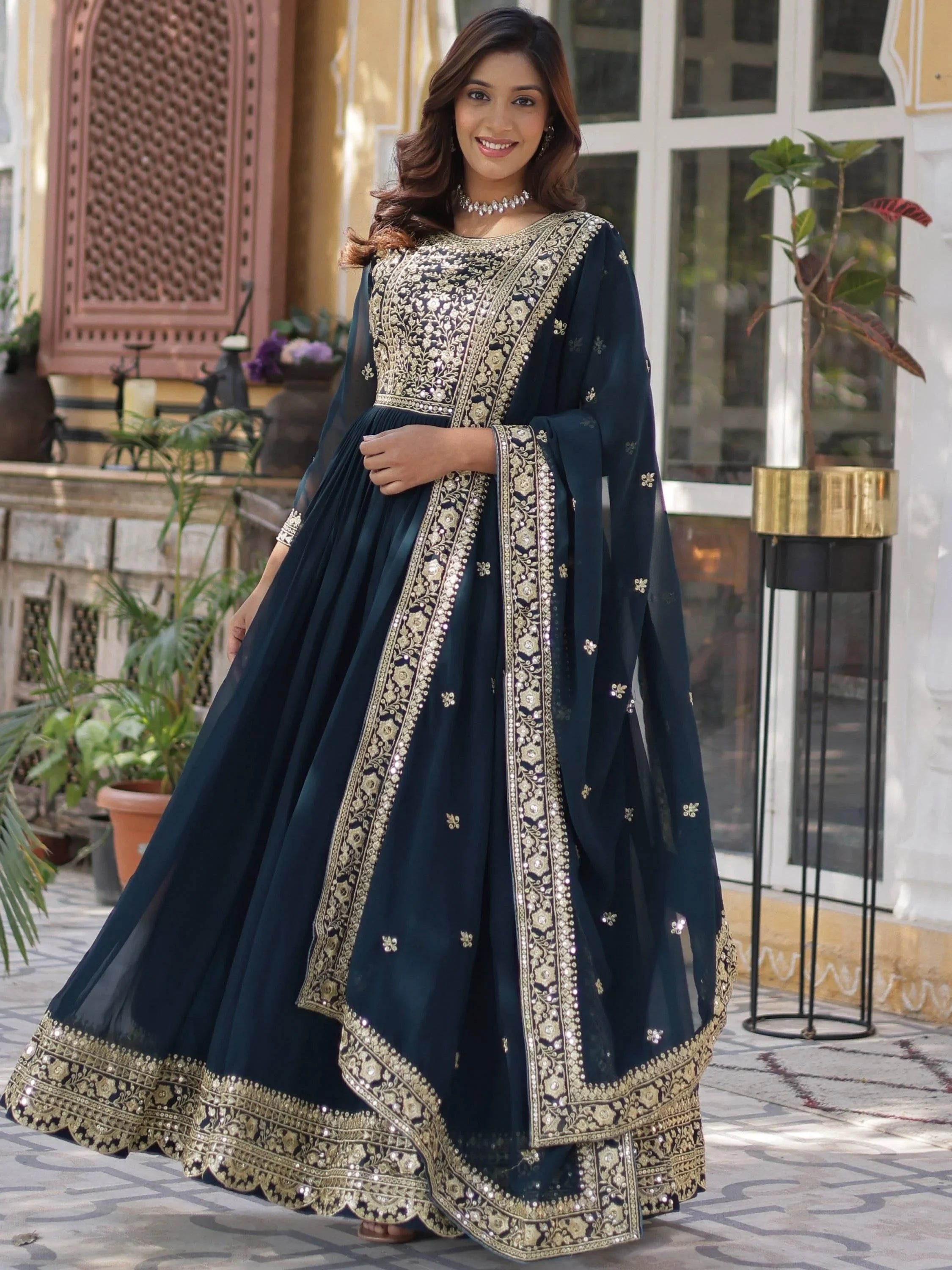 Teal Gorgeous Zari Work Georgette Party Wear Gown With Dupatta