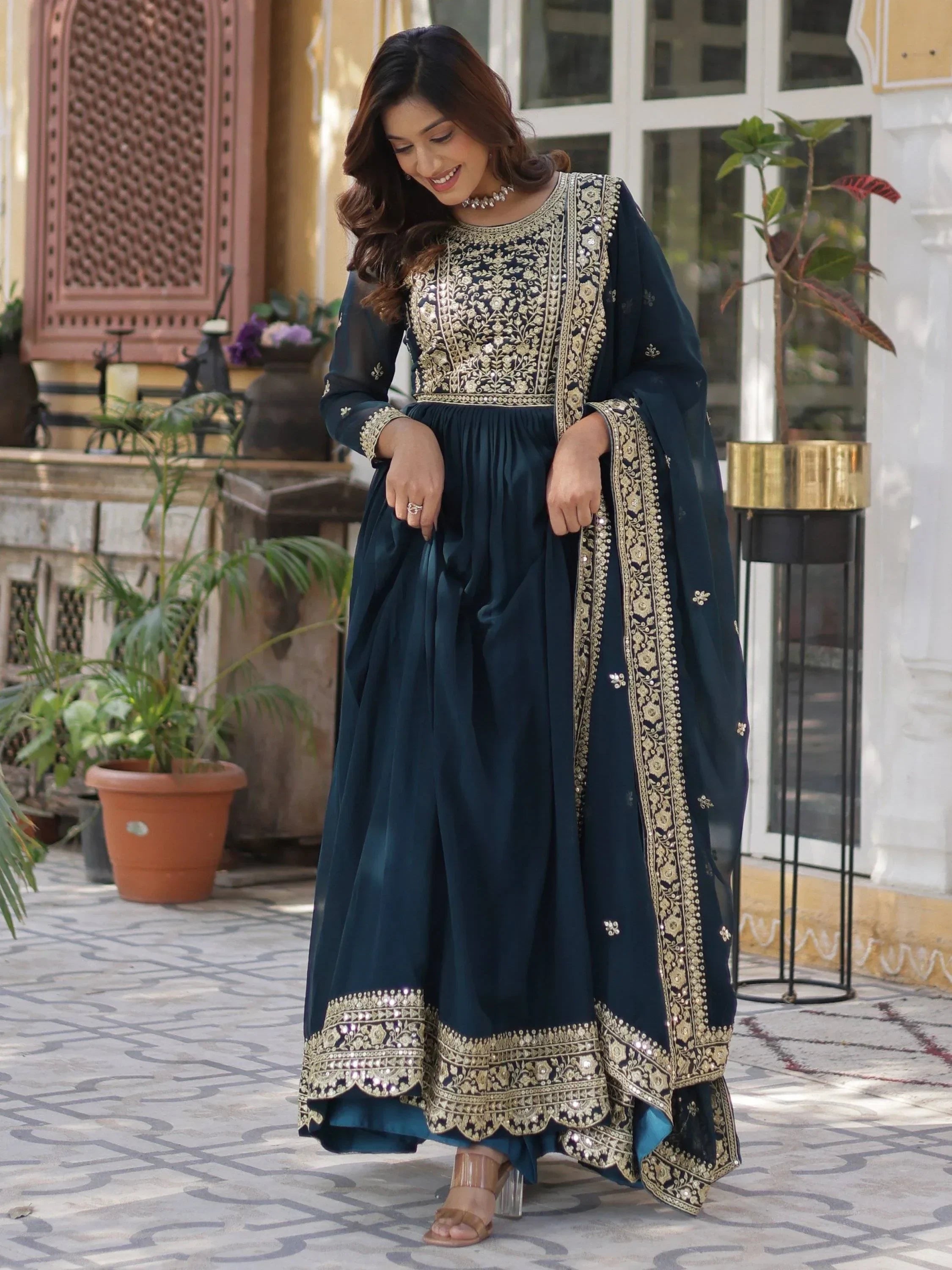 Teal Gorgeous Zari Work Georgette Party Wear Gown With Dupatta