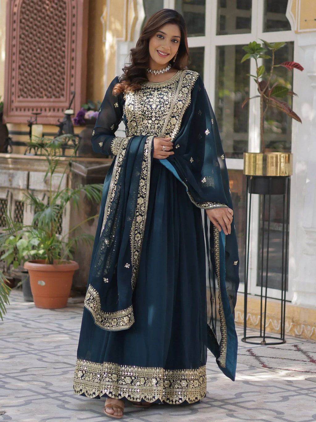 Teal Gorgeous Zari Work Georgette Party Wear Gown With Dupatta