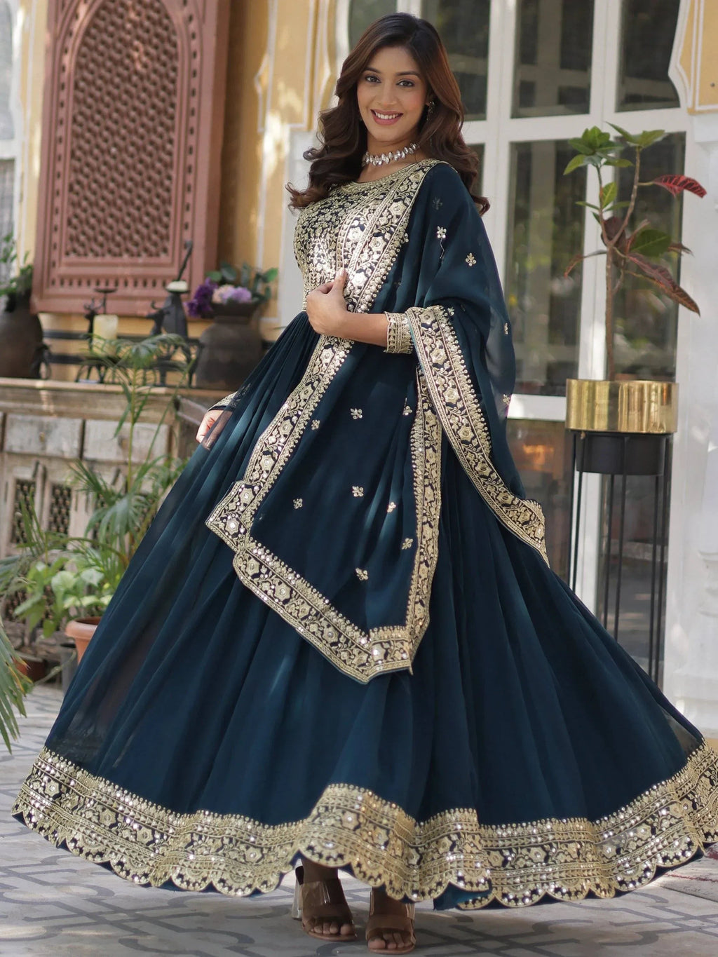 Teal Gorgeous Zari Work Georgette Party Wear Gown With Dupatta