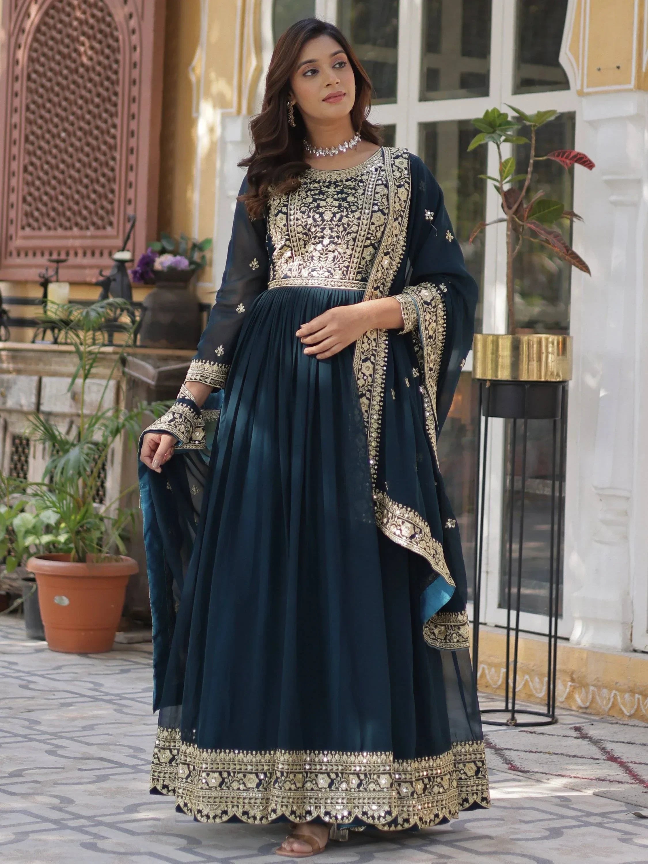 Teal Gorgeous Zari Work Georgette Party Wear Gown With Dupatta