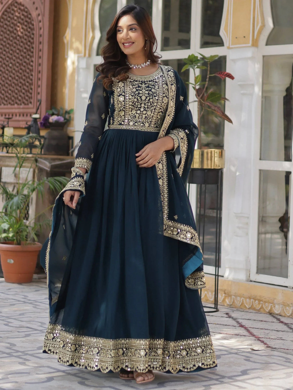 Teal Gorgeous Zari Work Georgette Party Wear Gown With Dupatta