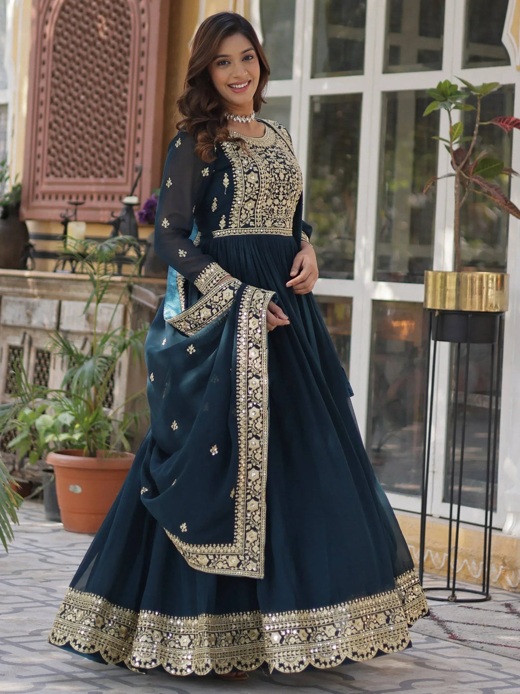 Teal Gorgeous Zari Work Georgette Party Wear Gown With Dupatta