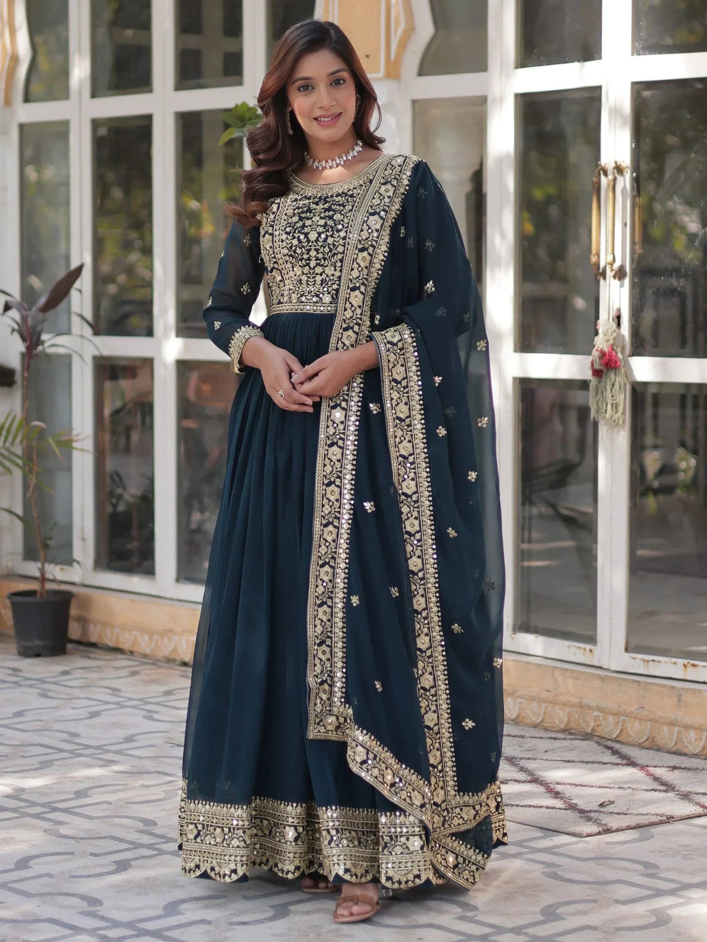 Teal Gorgeous Zari Work Georgette Party Wear Gown With Dupatta