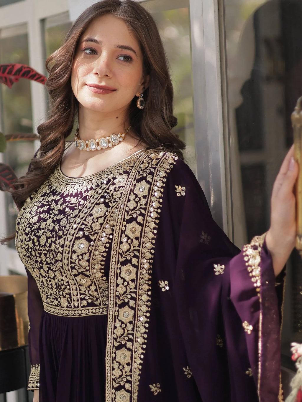 Wine Gorgeous Zari Work Georgette Party Wear Gown With Dupatta