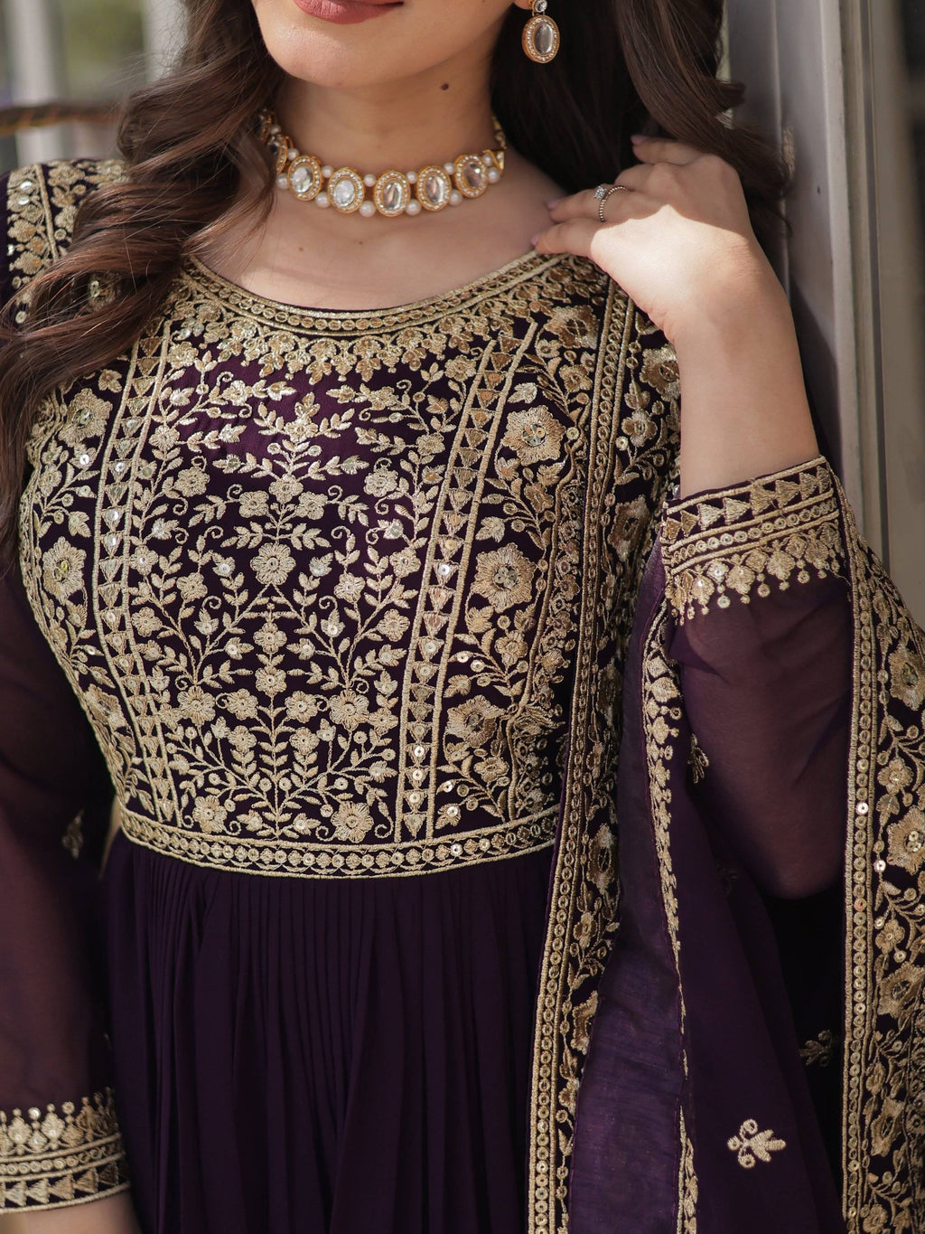 Wine Gorgeous Zari Work Georgette Party Wear Gown With Dupatta