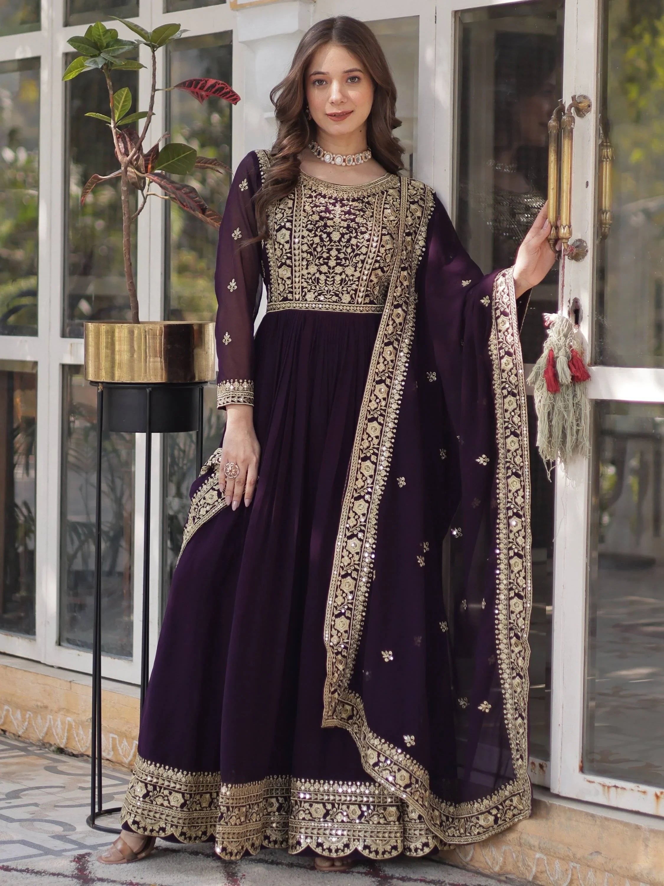 Wine Gorgeous Zari Work Georgette Party Wear Gown With Dupatta