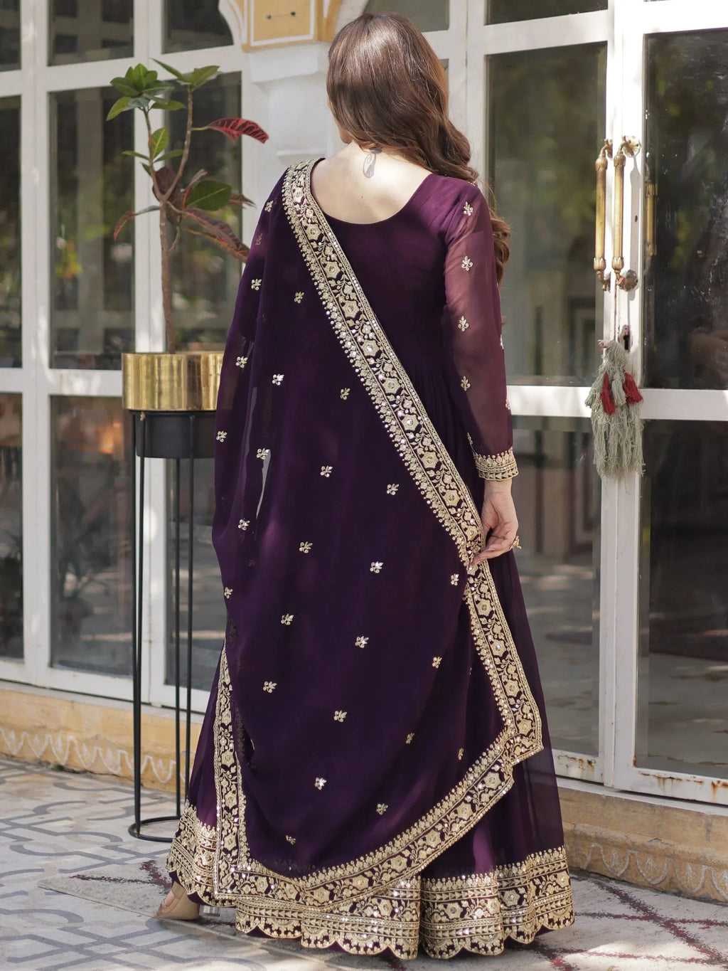 Wine Gorgeous Zari Work Georgette Party Wear Gown With Dupatta