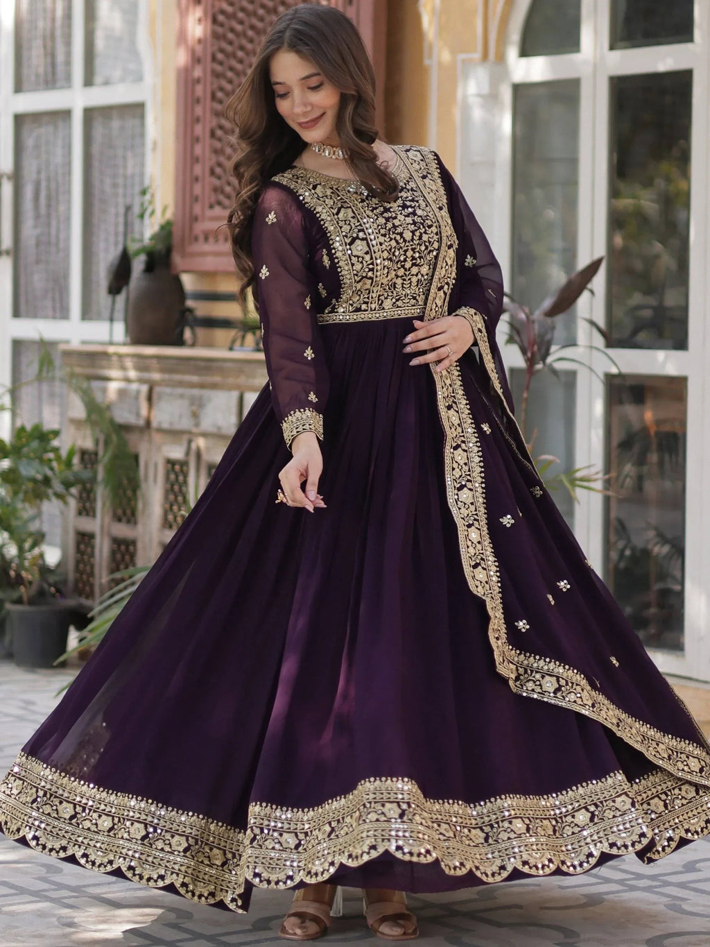 Wine Gorgeous Zari Work Georgette Party Wear Gown With Dupatta