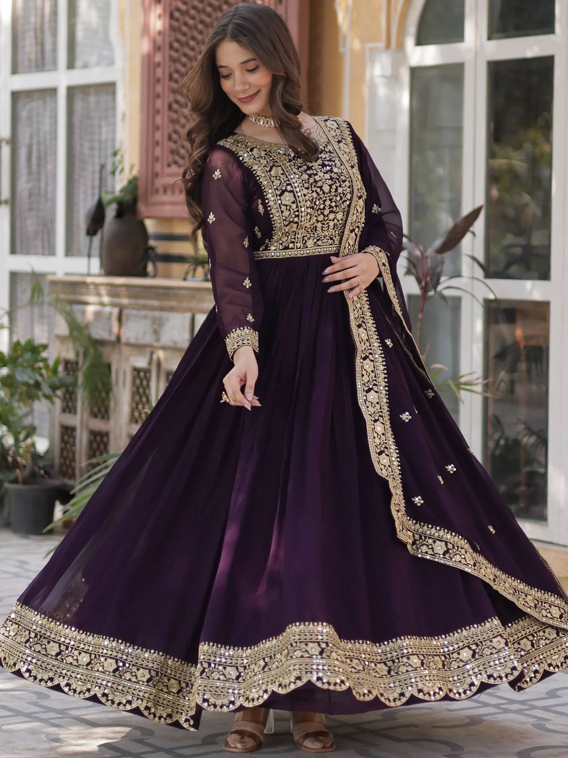 Wine Gorgeous Zari Work Georgette Party Wear Gown With Dupatta