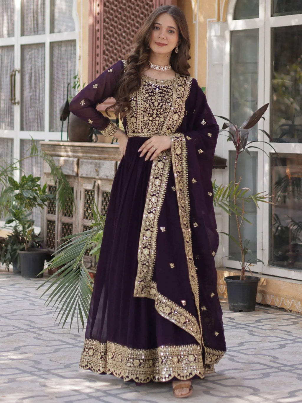 Wine Gorgeous Zari Work Georgette Party Wear Gown With Dupatta