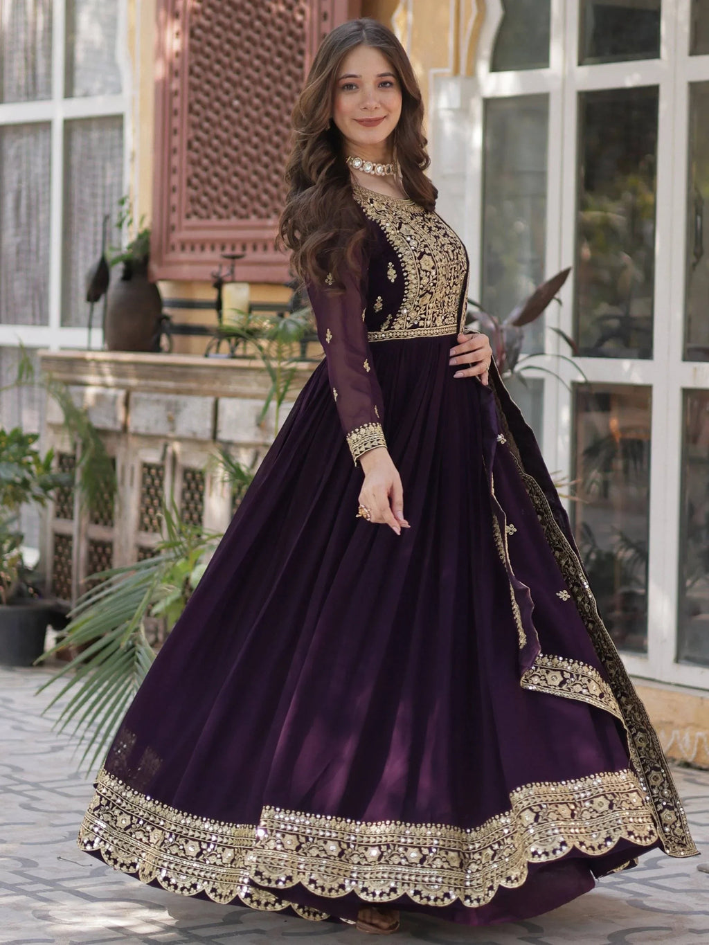 Wine Gorgeous Zari Work Georgette Party Wear Gown With Dupatta