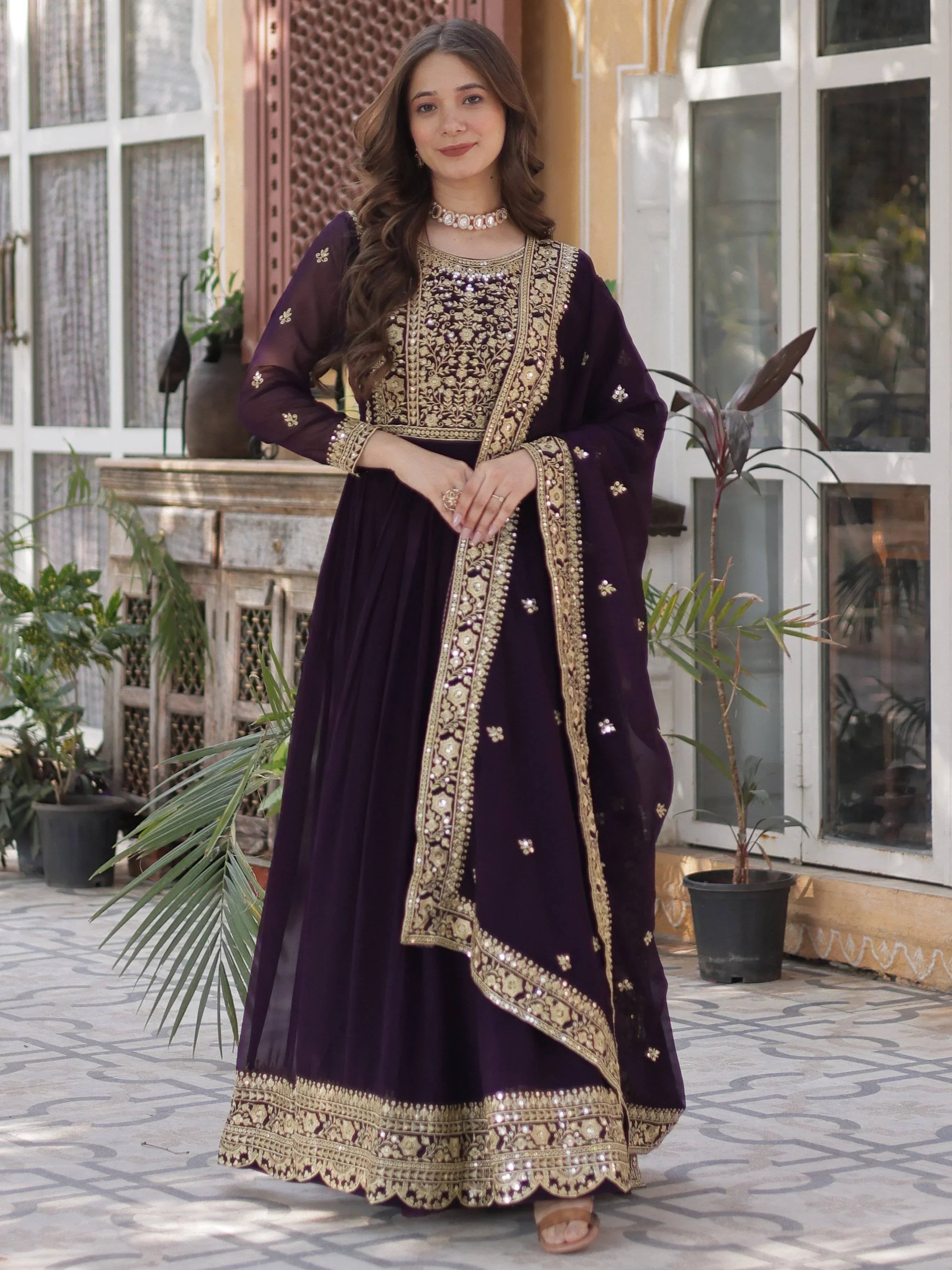 Wine Gorgeous Zari Work Georgette Party Wear Gown With Dupatta