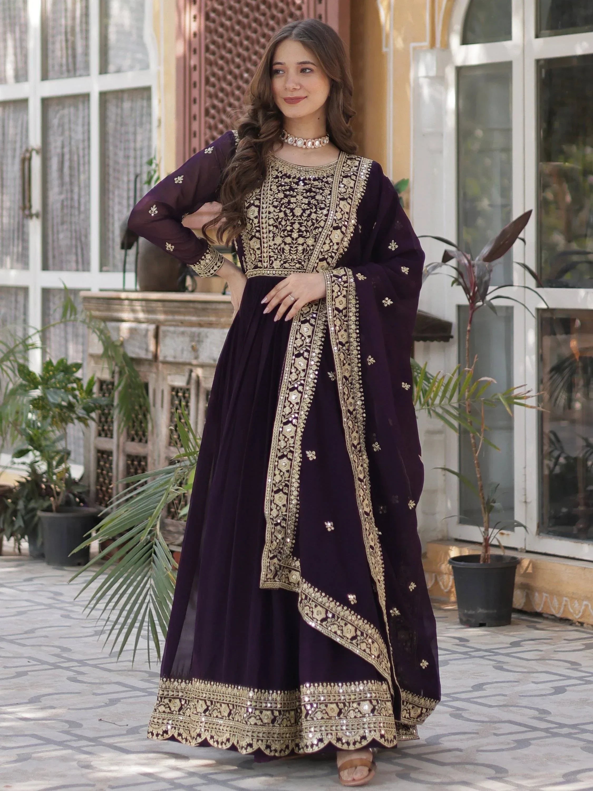 Wine Gorgeous Zari Work Georgette Party Wear Gown With Dupatta