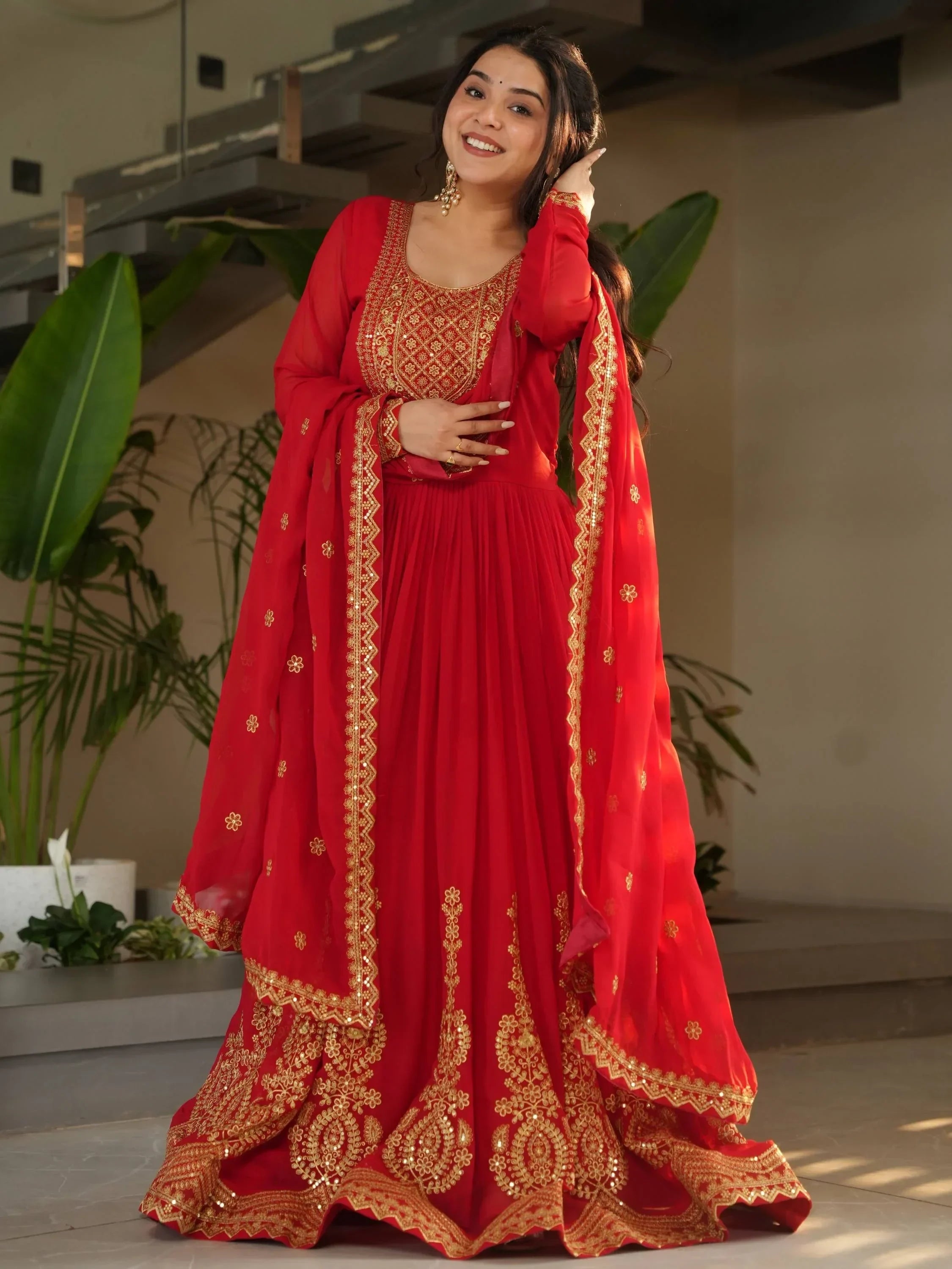 Red Awesome Sequins Work Georgette Haldi Wear Gown With Dupatta