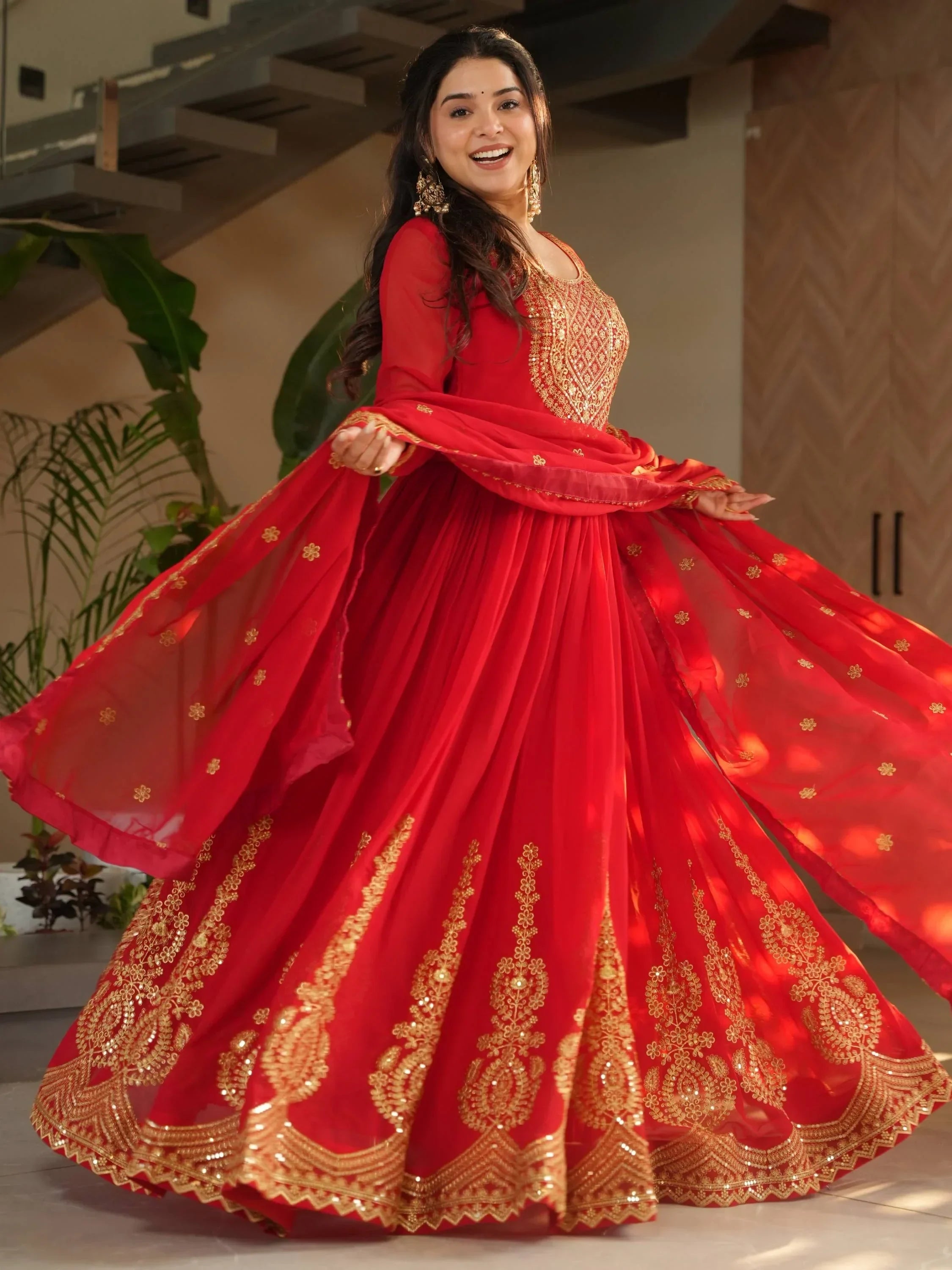 Red Awesome Sequins Work Georgette Haldi Wear Gown With Dupatta