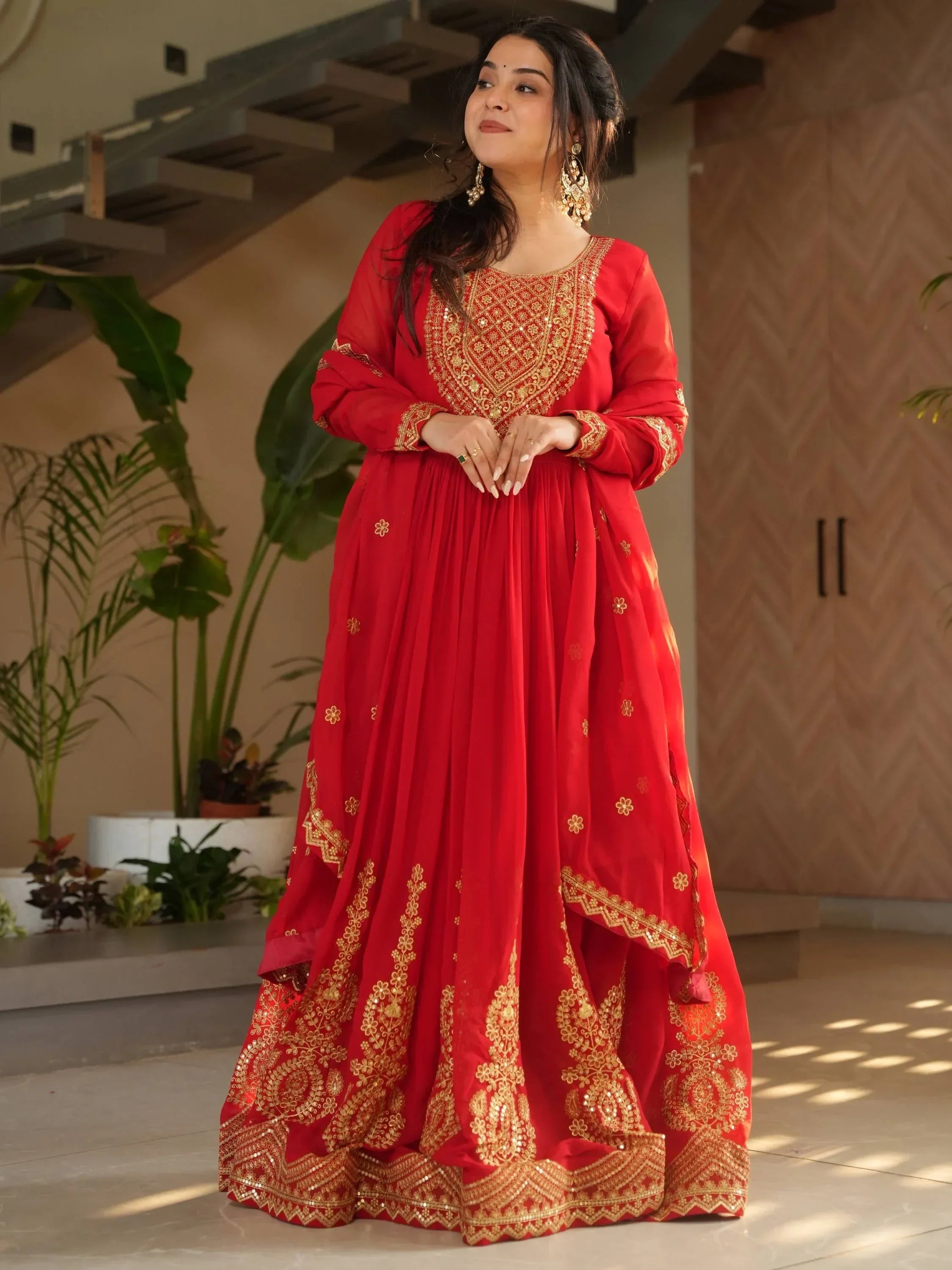 Red Awesome Sequins Work Georgette Haldi Wear Gown With Dupatta