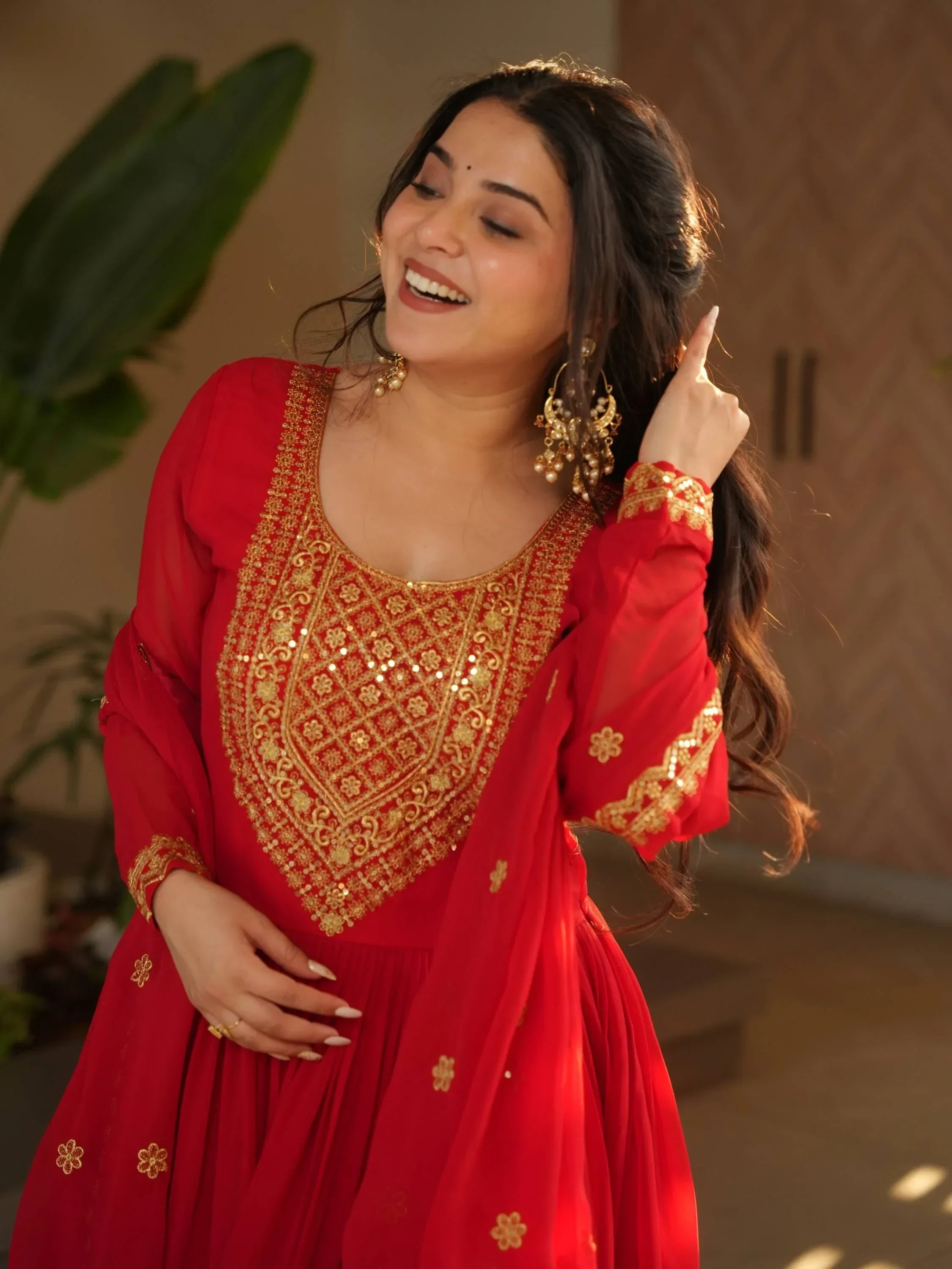 Red Awesome Sequins Work Georgette Haldi Wear Gown With Dupatta