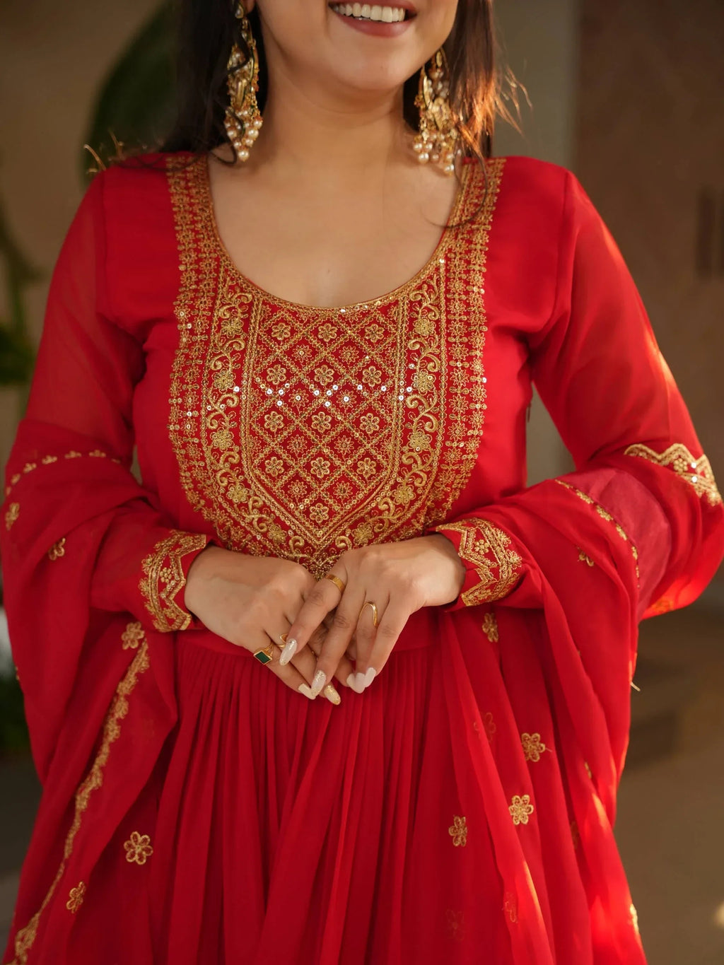 Red Awesome Sequins Work Georgette Haldi Wear Gown With Dupatta