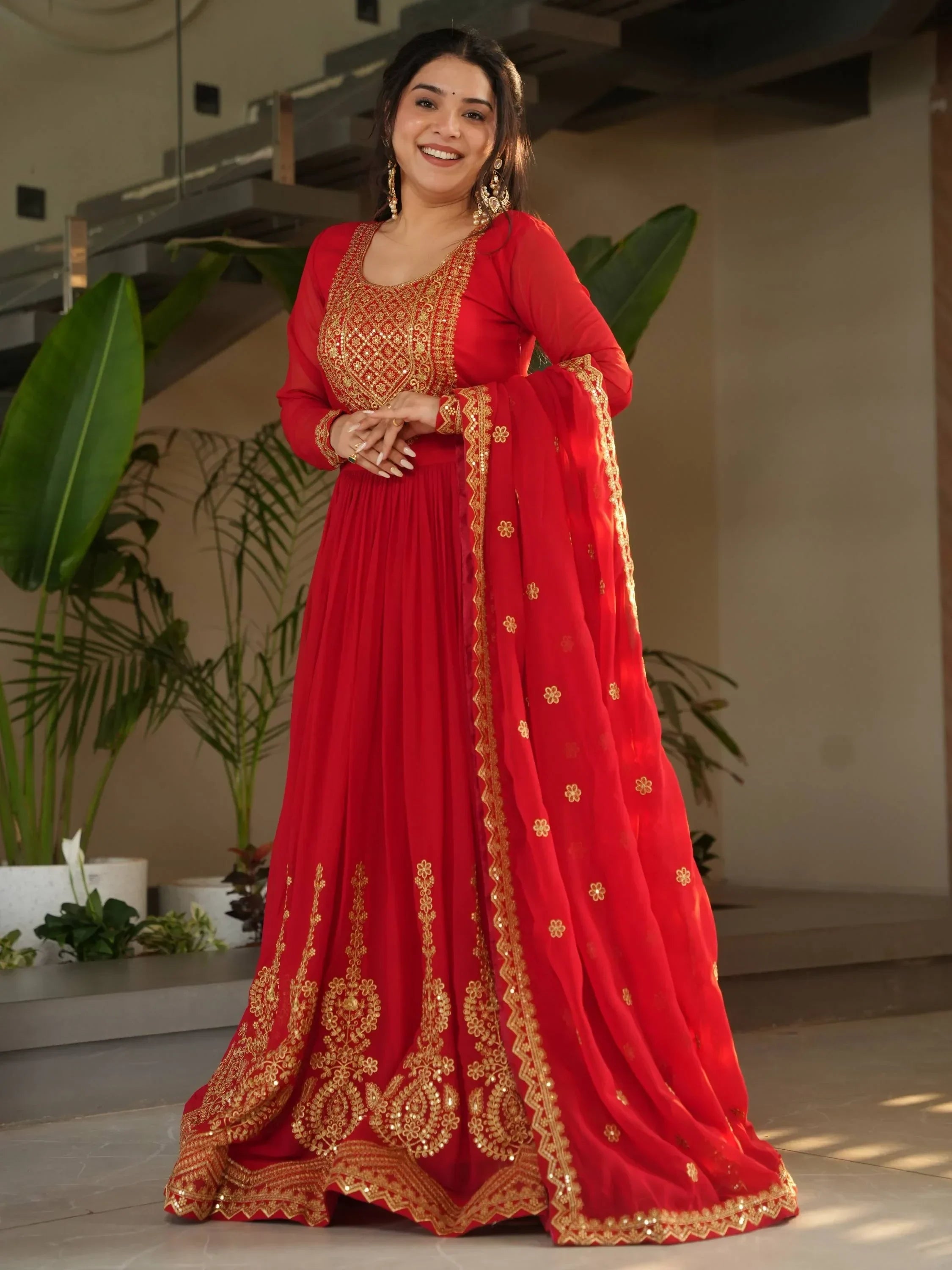 Red Awesome Sequins Work Georgette Haldi Wear Gown With Dupatta