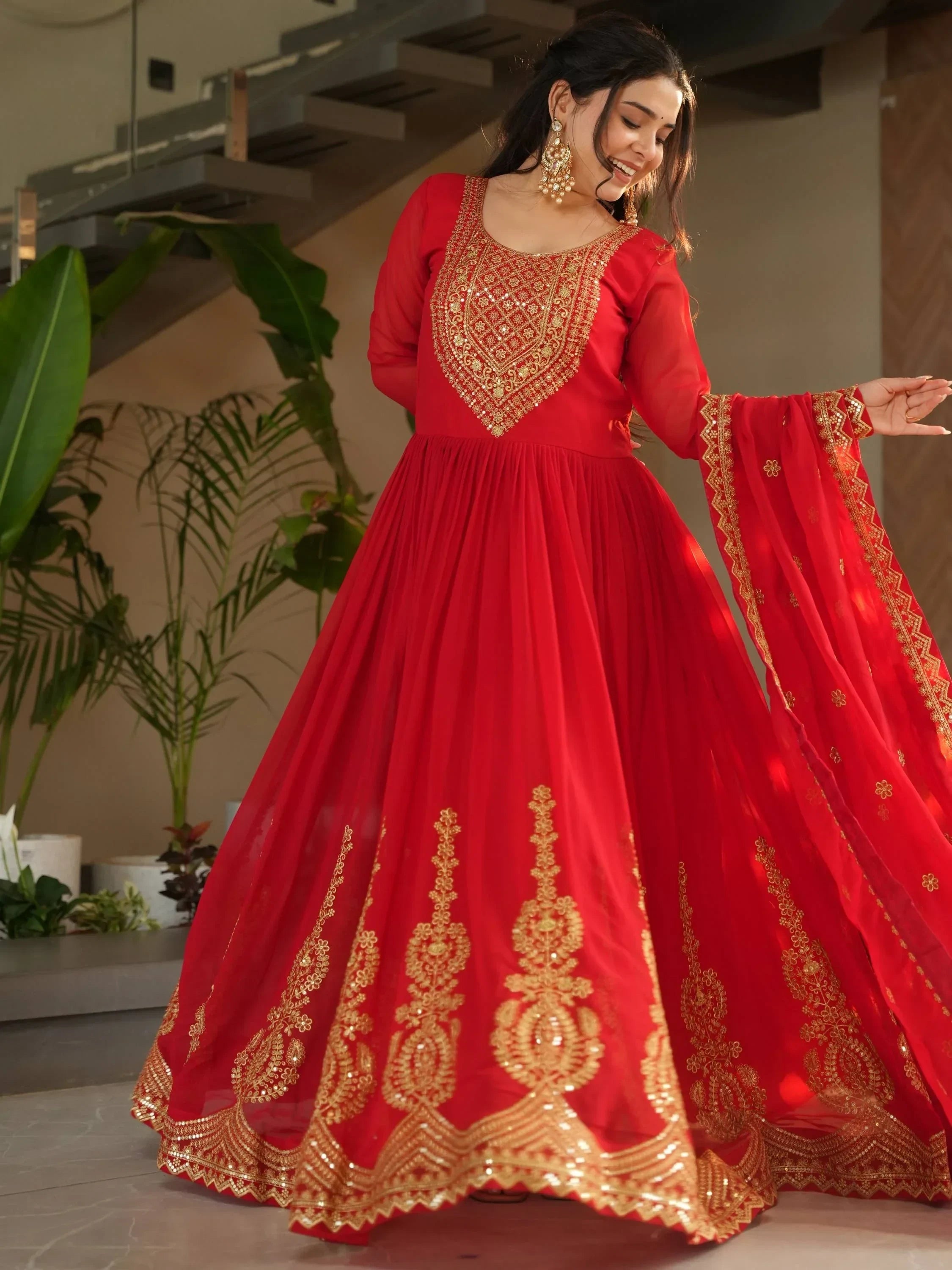 Red Awesome Sequins Work Georgette Haldi Wear Gown With Dupatta