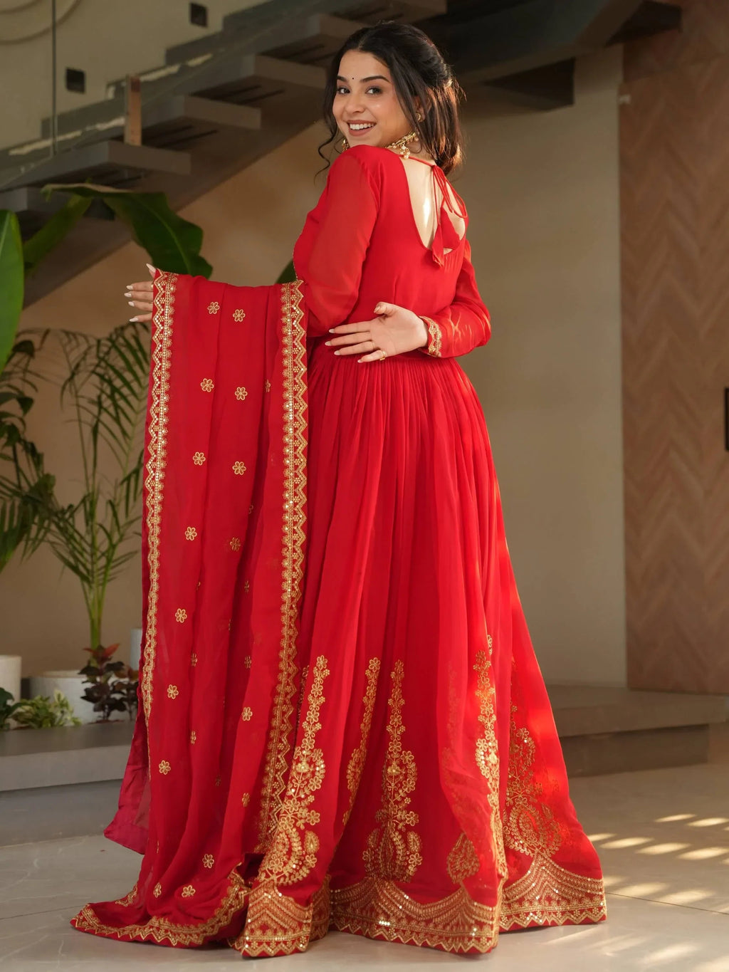 Red Awesome Sequins Work Georgette Haldi Wear Gown With Dupatta