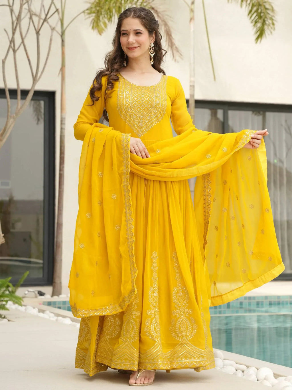 Yellow Awesome Sequins Work Georgette Haldi Wear Gown With Dupatta