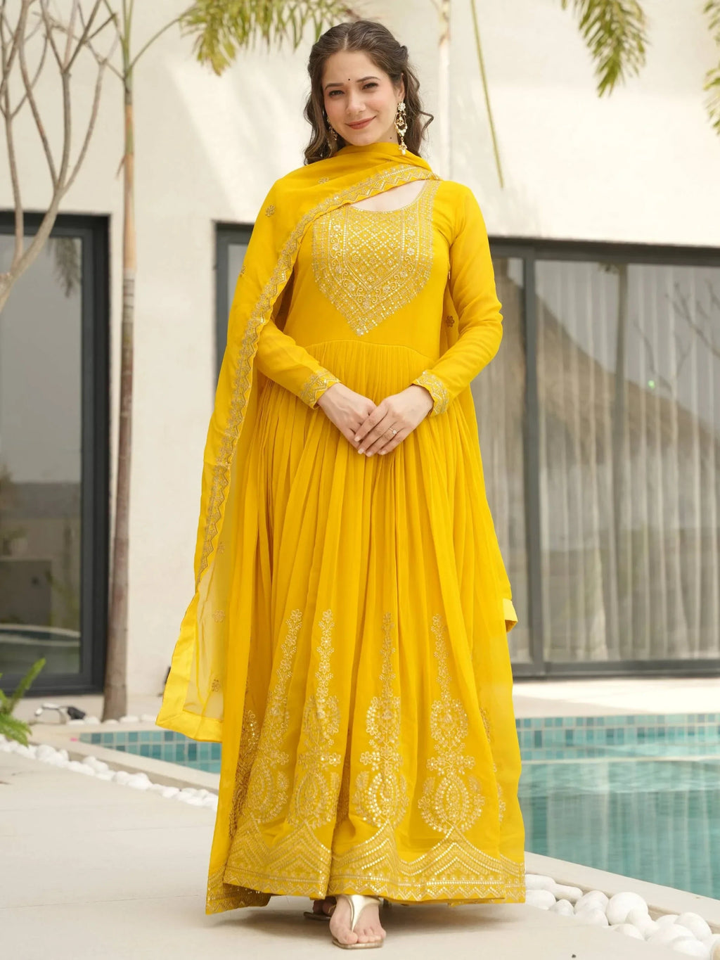 Yellow Awesome Sequins Work Georgette Haldi Wear Gown With Dupatta