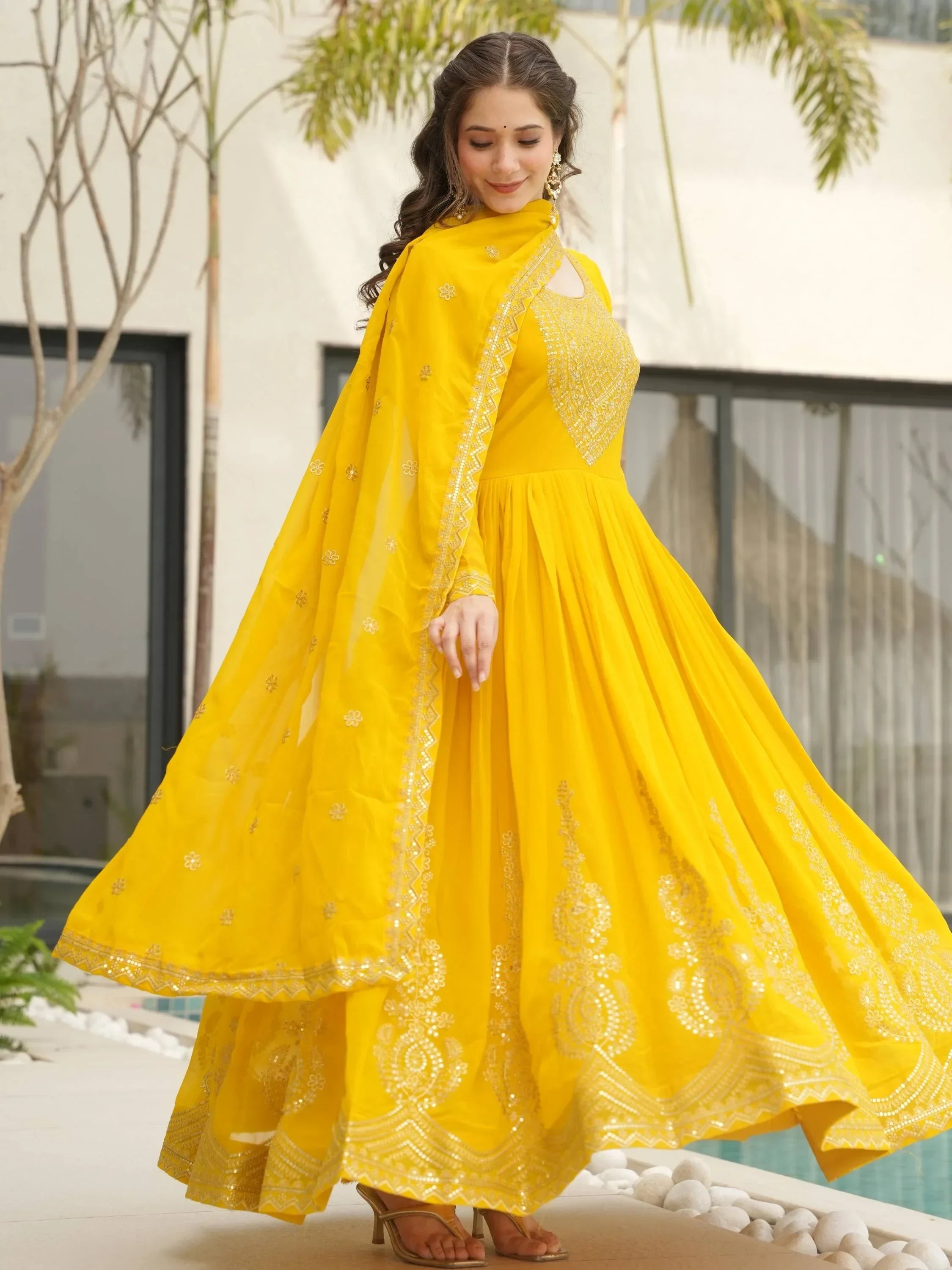 Yellow Awesome Sequins Work Georgette Haldi Wear Gown With Dupatta