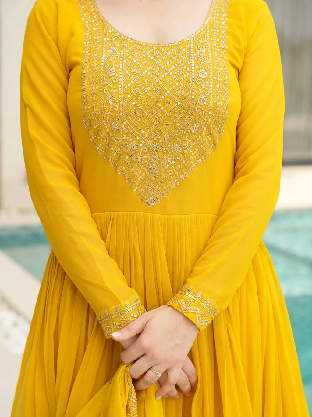 Yellow Awesome Sequins Work Georgette Haldi Wear Gown With Dupatta