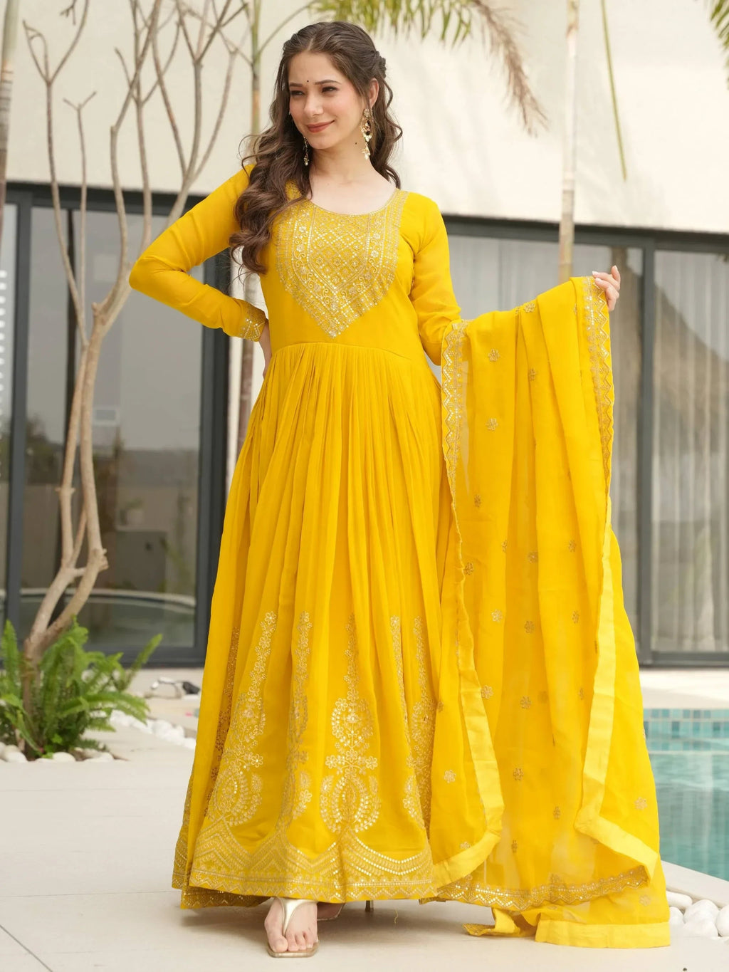 Yellow Awesome Sequins Work Georgette Haldi Wear Gown With Dupatta