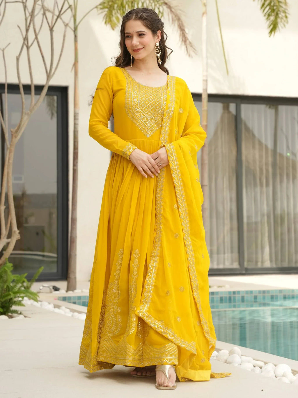 Yellow Awesome Sequins Work Georgette Haldi Wear Gown With Dupatta