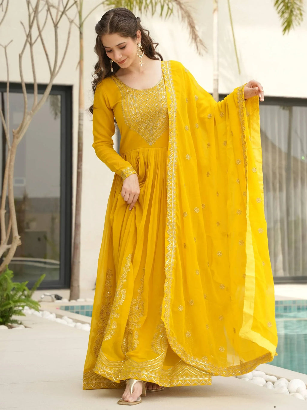 Yellow Awesome Sequins Work Georgette Haldi Wear Gown With Dupatta