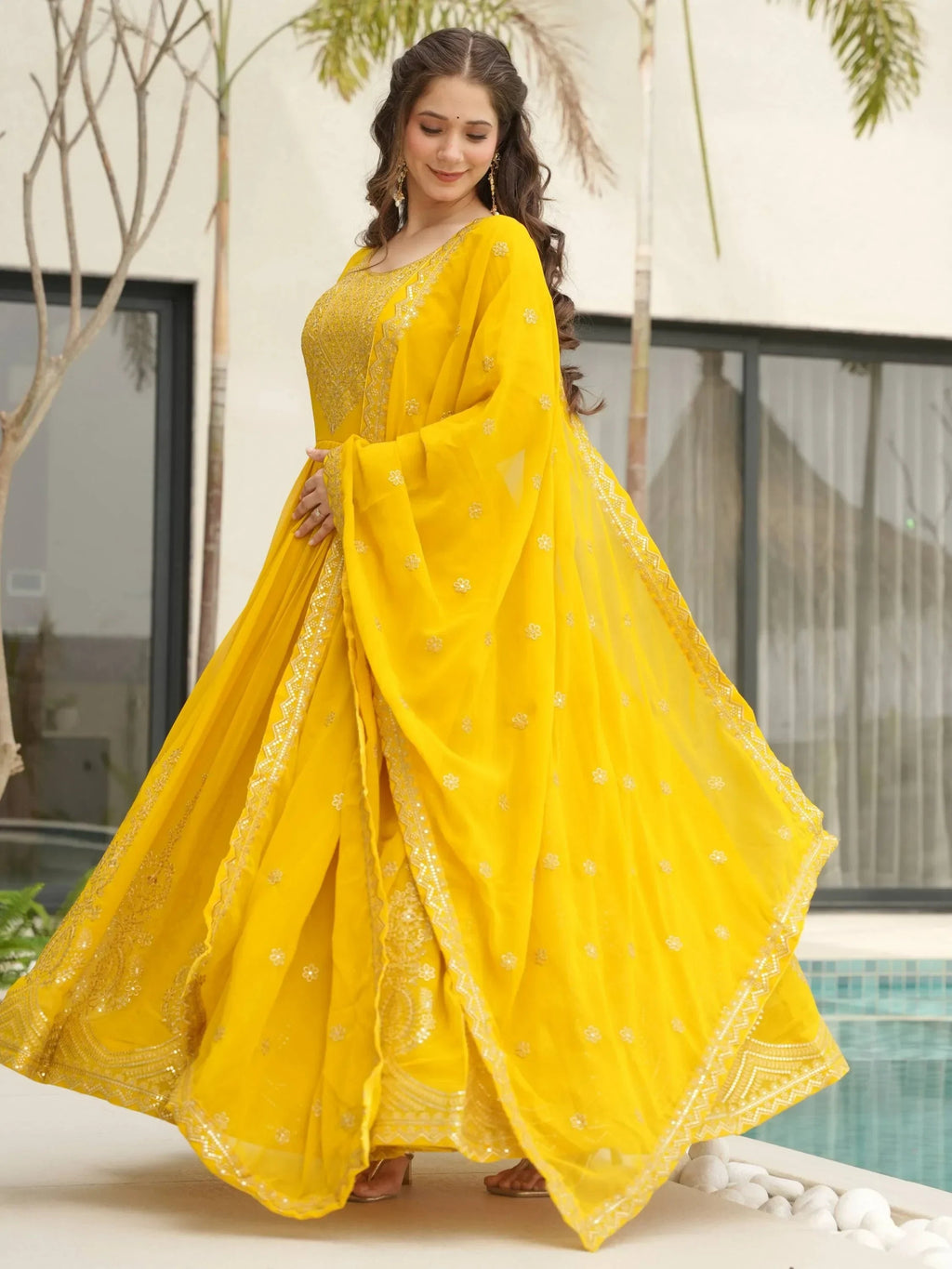 Yellow Awesome Sequins Work Georgette Haldi Wear Gown With Dupatta