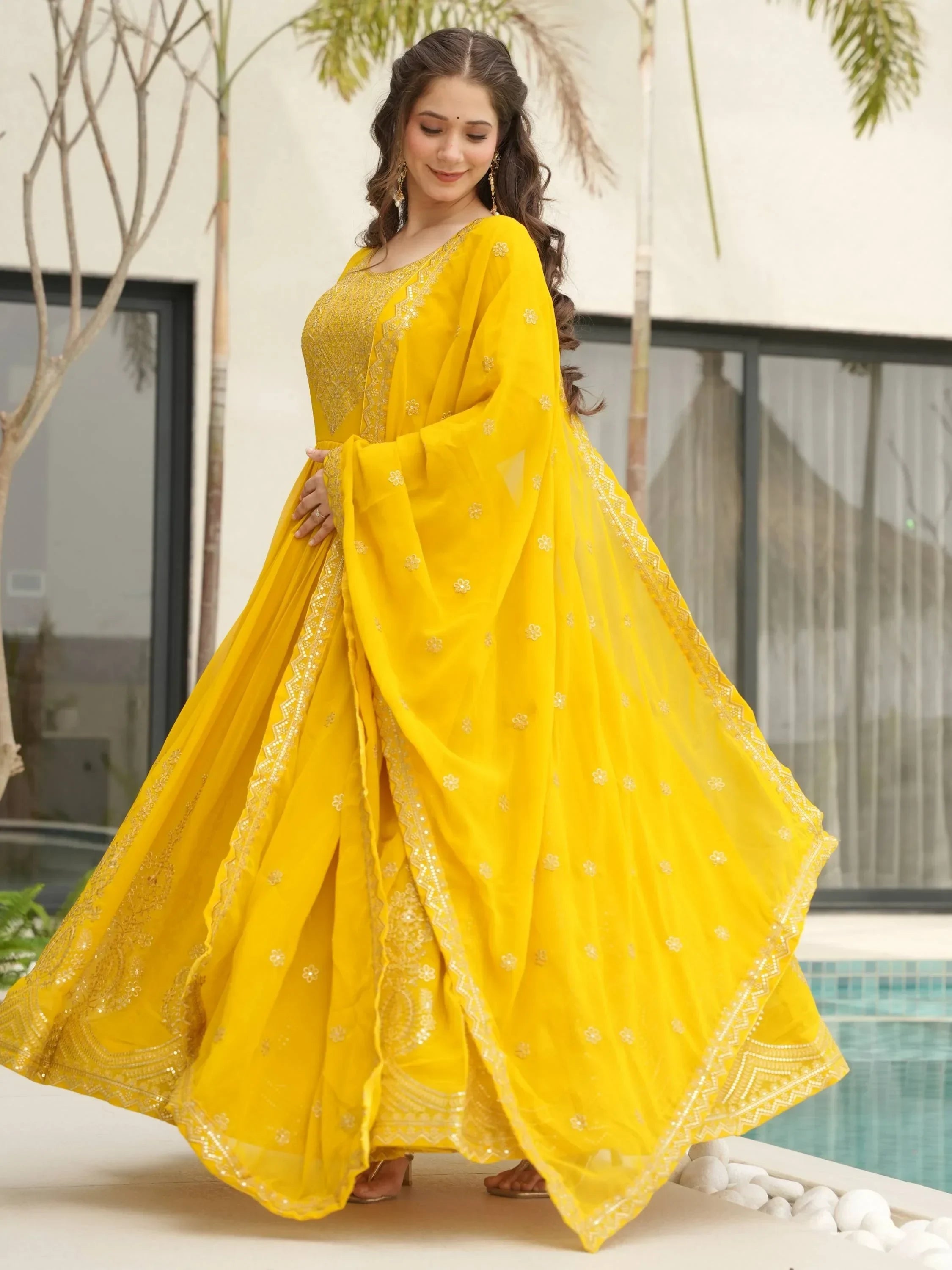 Yellow Awesome Sequins Work Georgette Haldi Wear Gown With Dupatta