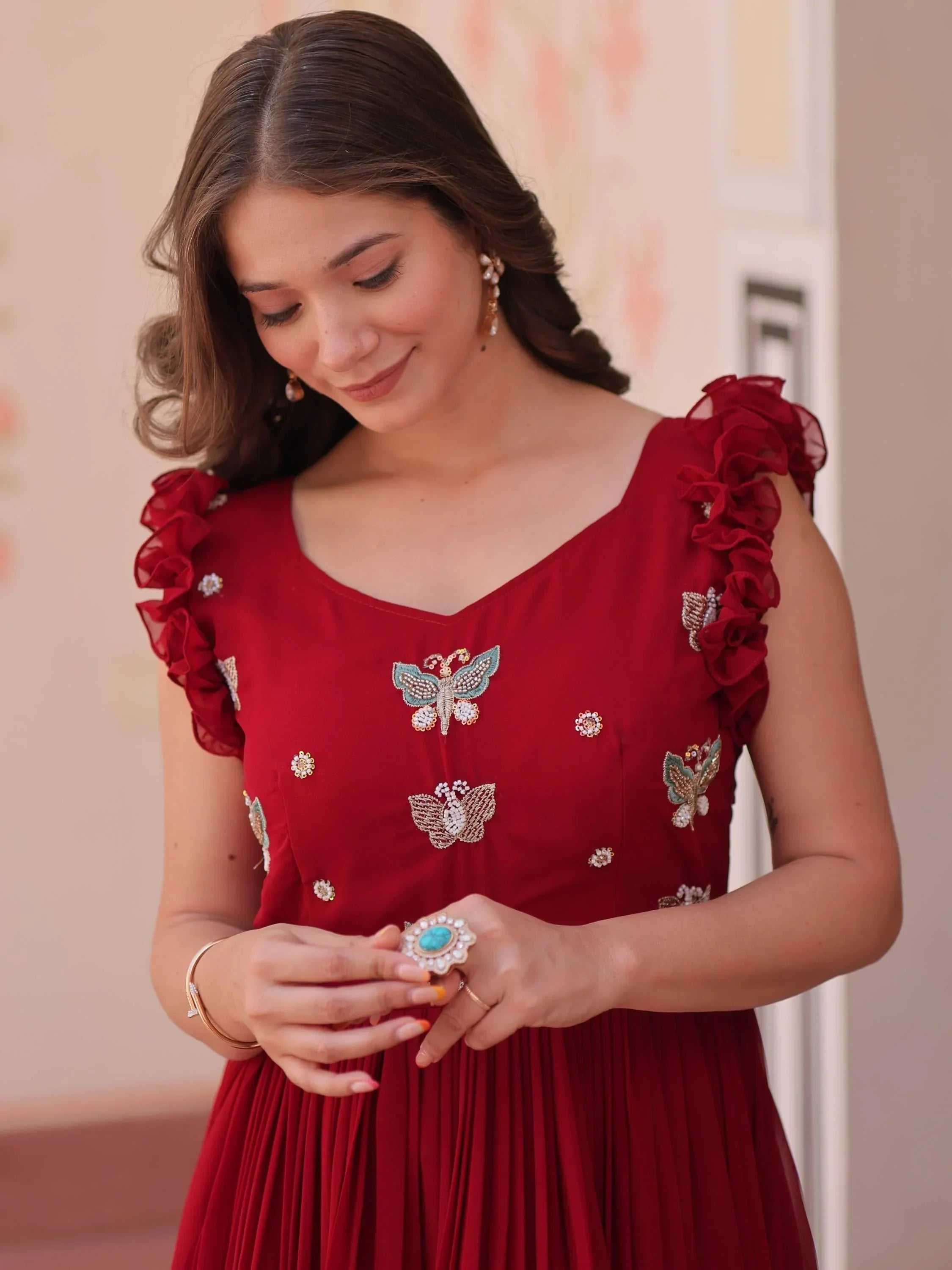 Red Astounding Multi Thread Embroidery Georgette Festive Wear Gown