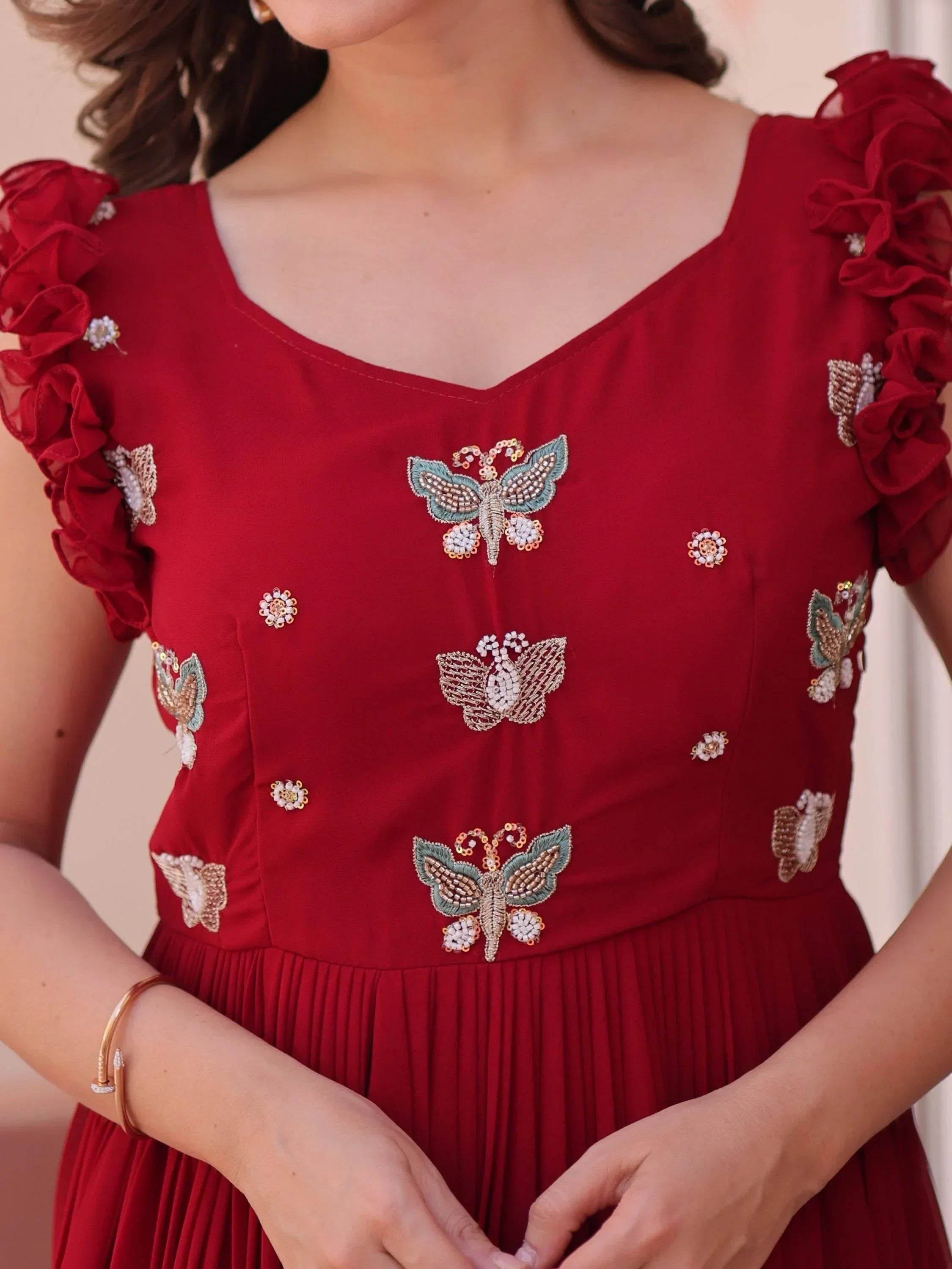 Red Astounding Multi Thread Embroidery Georgette Festive Wear Gown