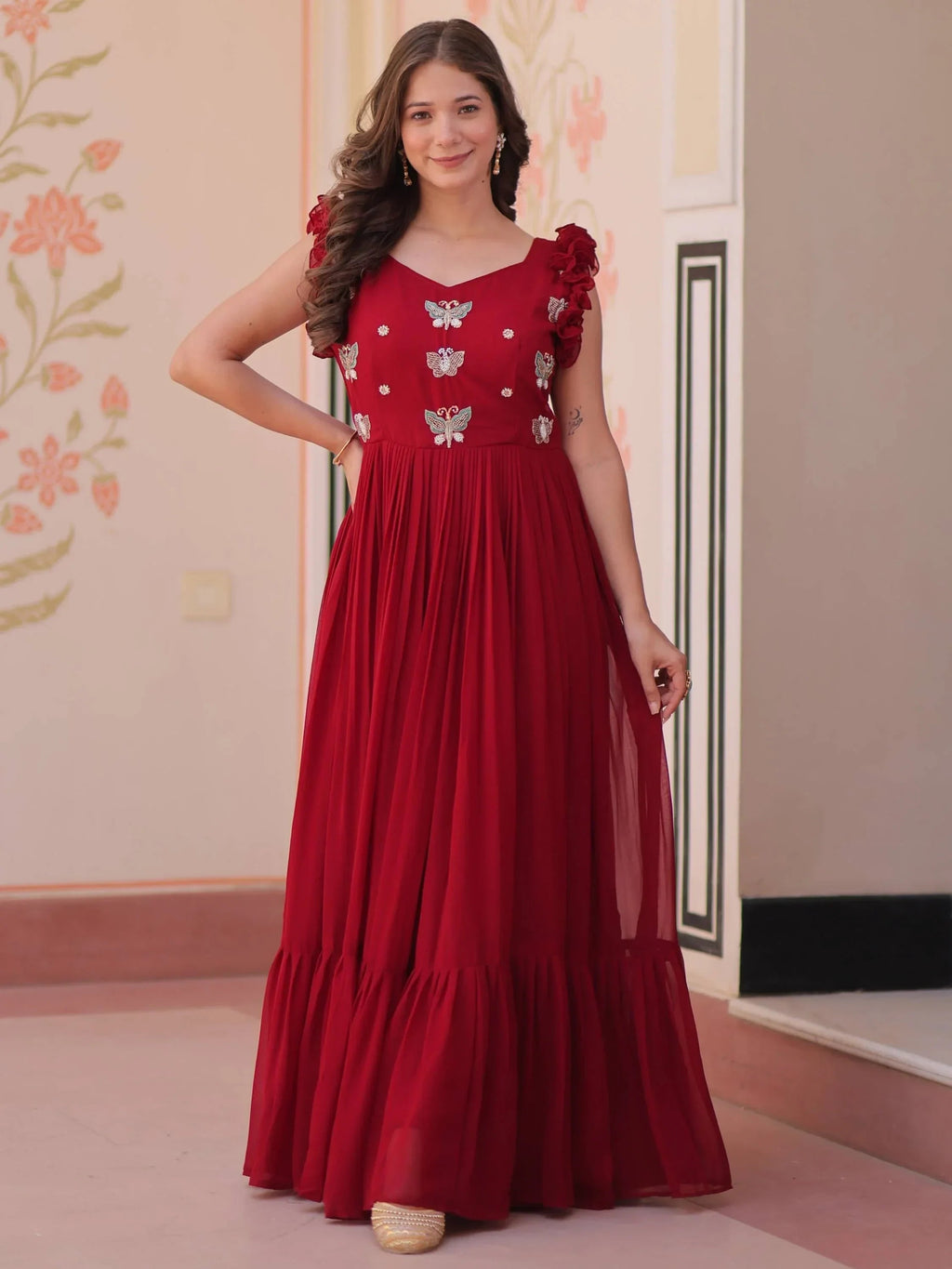 Red Astounding Multi Thread Embroidery Georgette Festive Wear Gown