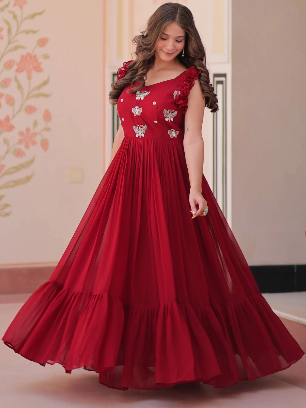 Red Astounding Multi Thread Embroidery Georgette Festive Wear Gown
